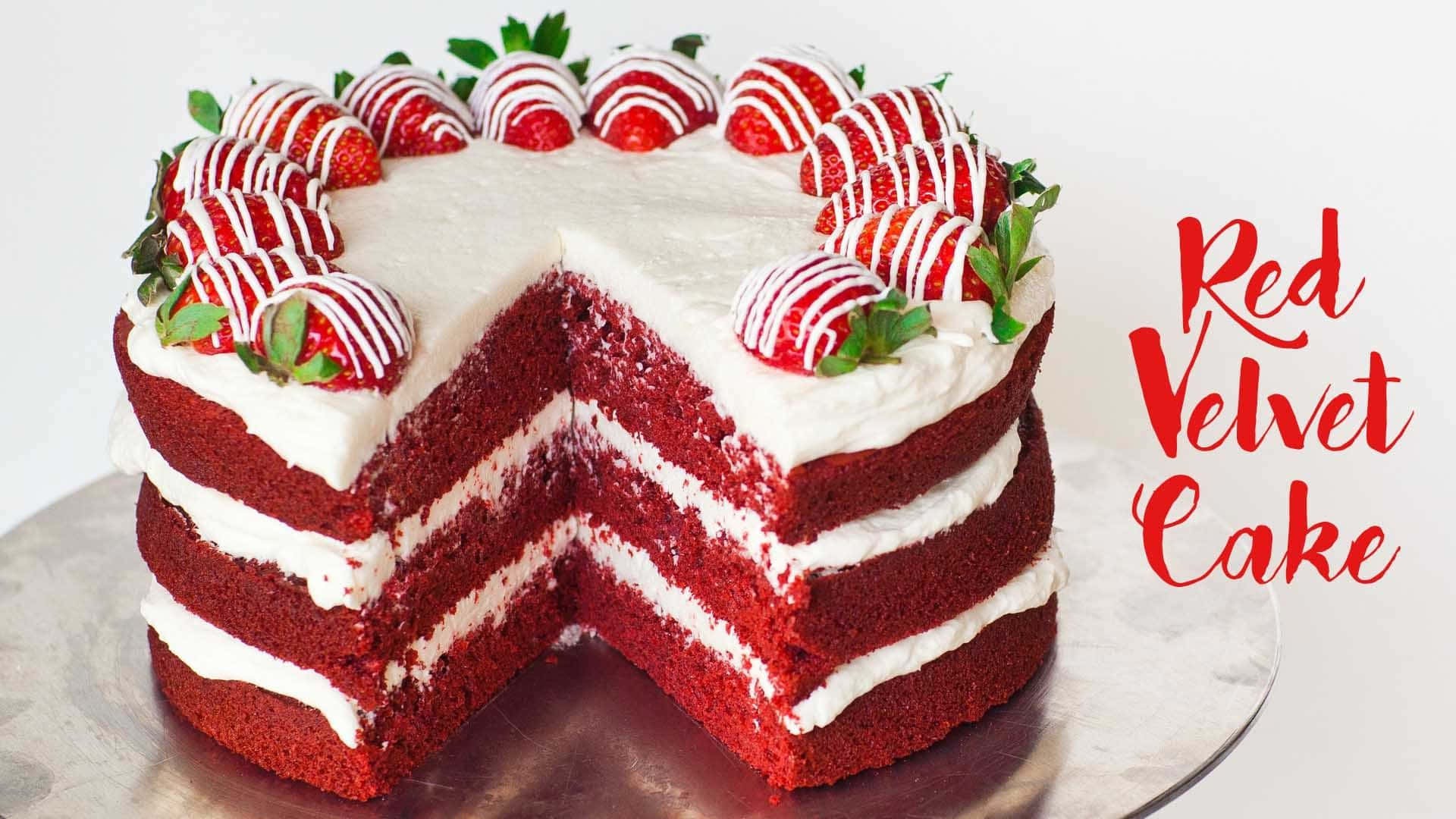 Red Velvet Cake, white frosting, strawberries, Full HD Desktop Wallpaper