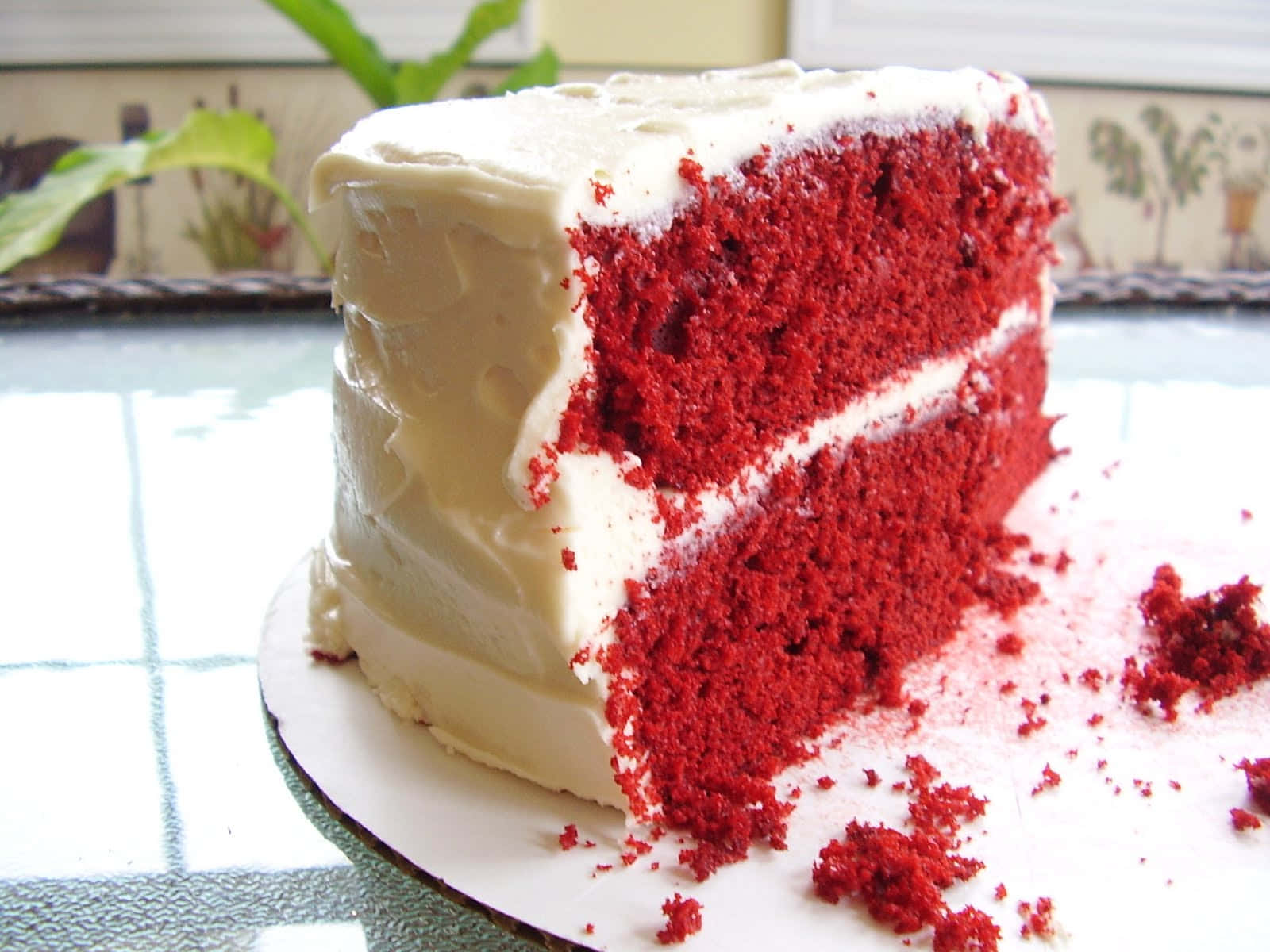 Red Velvet Cake, creamy white frosting, plate, HD Desktop Wallpaper