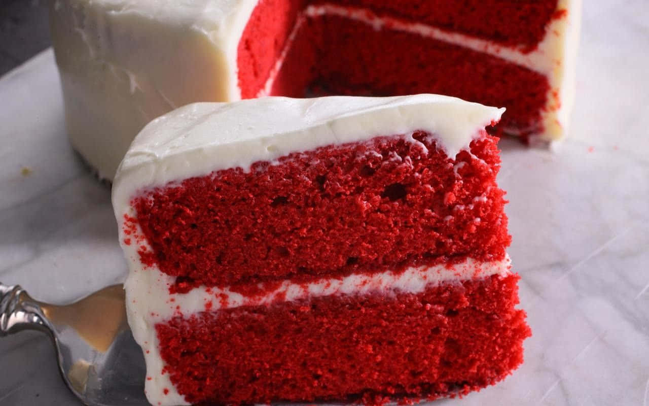 red velvet cake, creamy white frosting, marble surface, HD Desktop Wallpaper