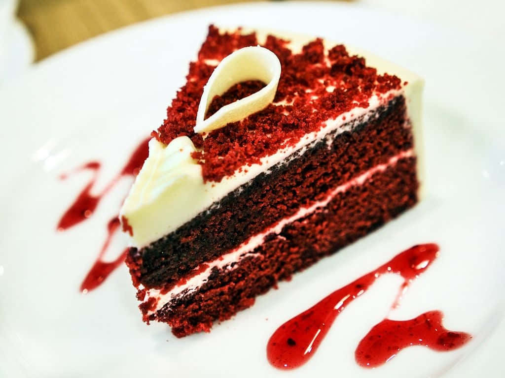Red Velvet Cake, cream cheese frosting, raspberry sauce, SD Desktop Wallpaper