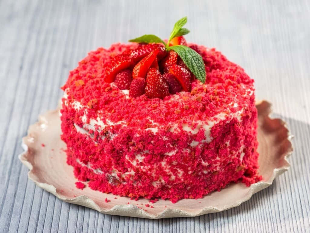 Red Velvet Cake, scalloped plate, fresh strawberries, SD Desktop Wallpaper