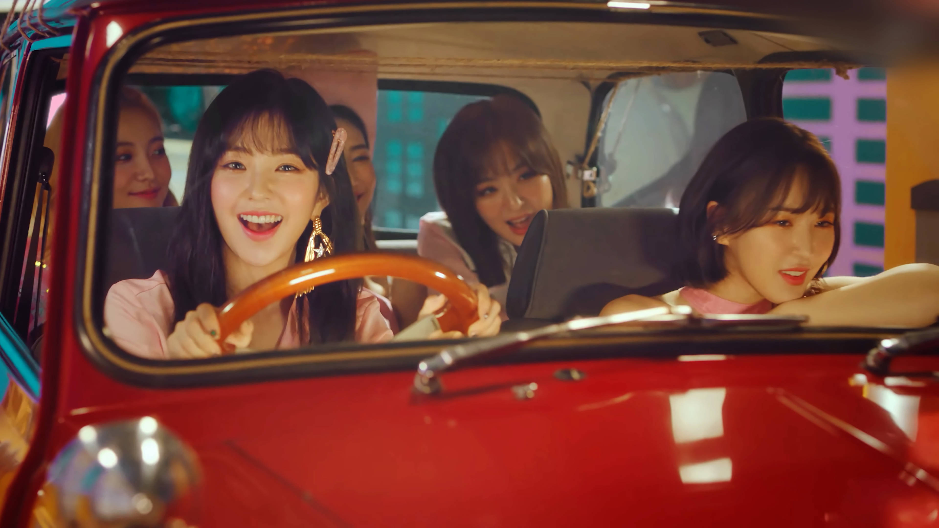Red Velvet, vibrant red vintage car, warm neon lights, 4K Desktop Wallpaper