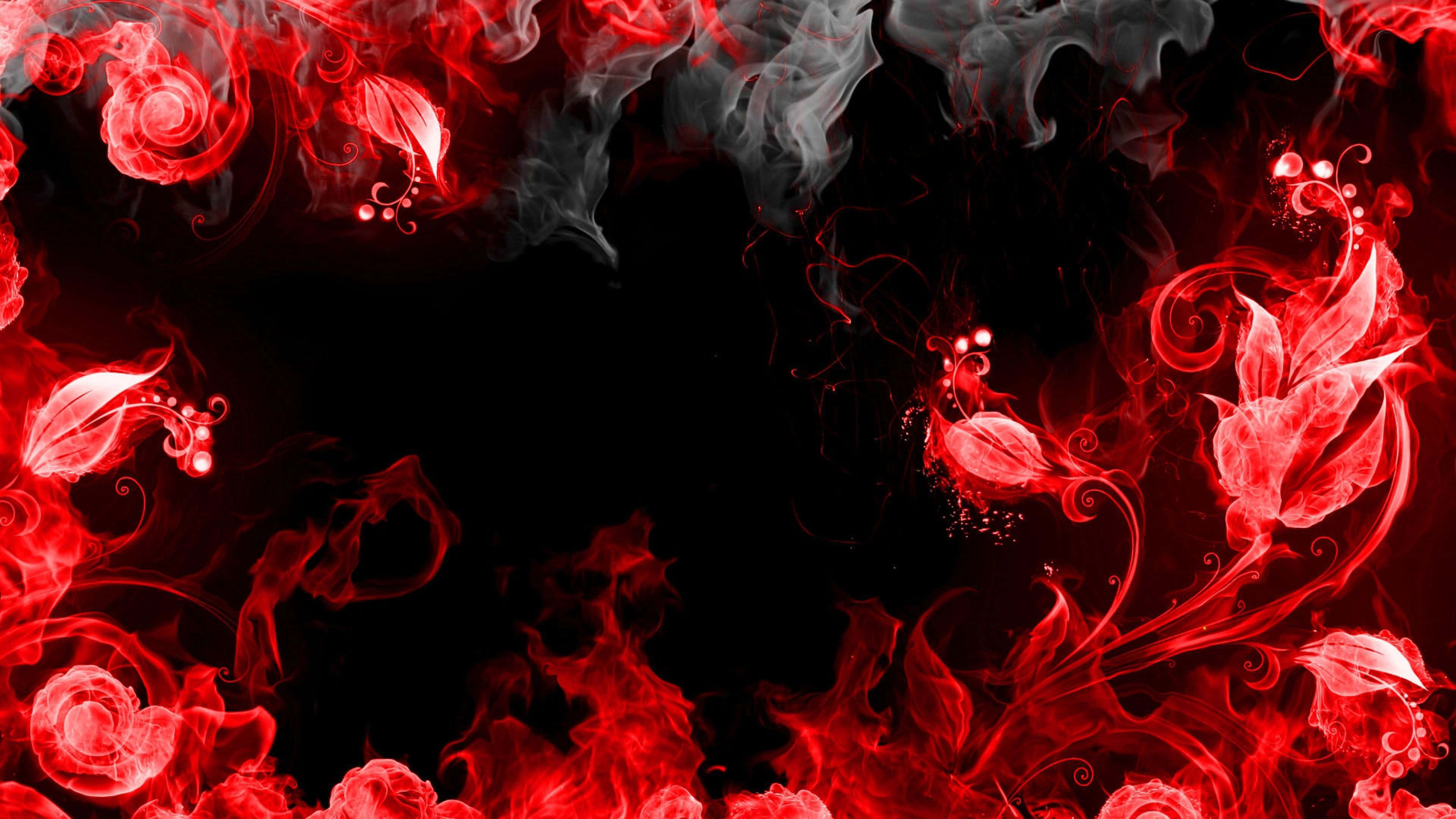 Red White And Black Abstract, vibrant red, floral swirls, 4K Desktop Wallpaper