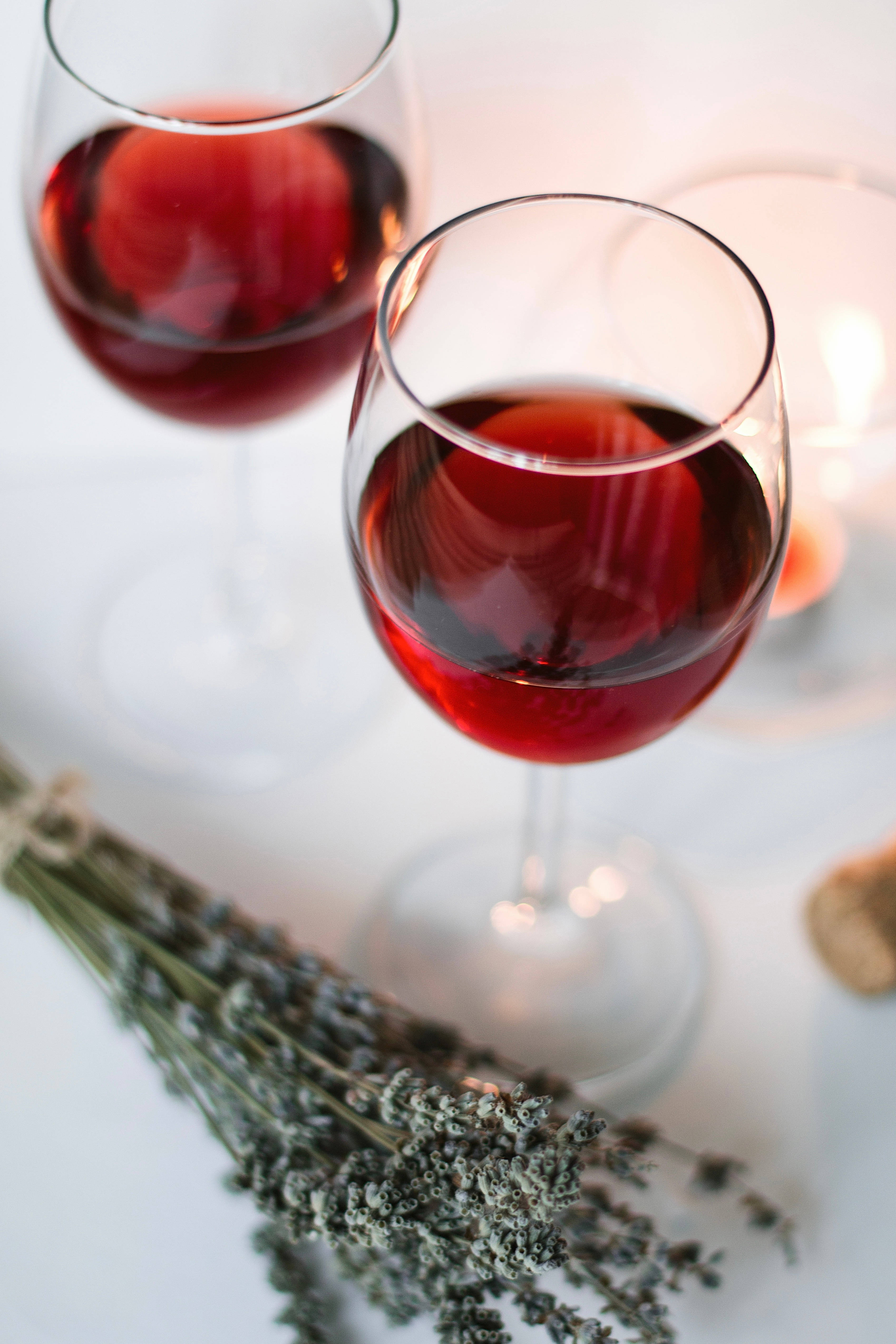 red wine glasses, lavender, candle, 4K Phone Wallpaper