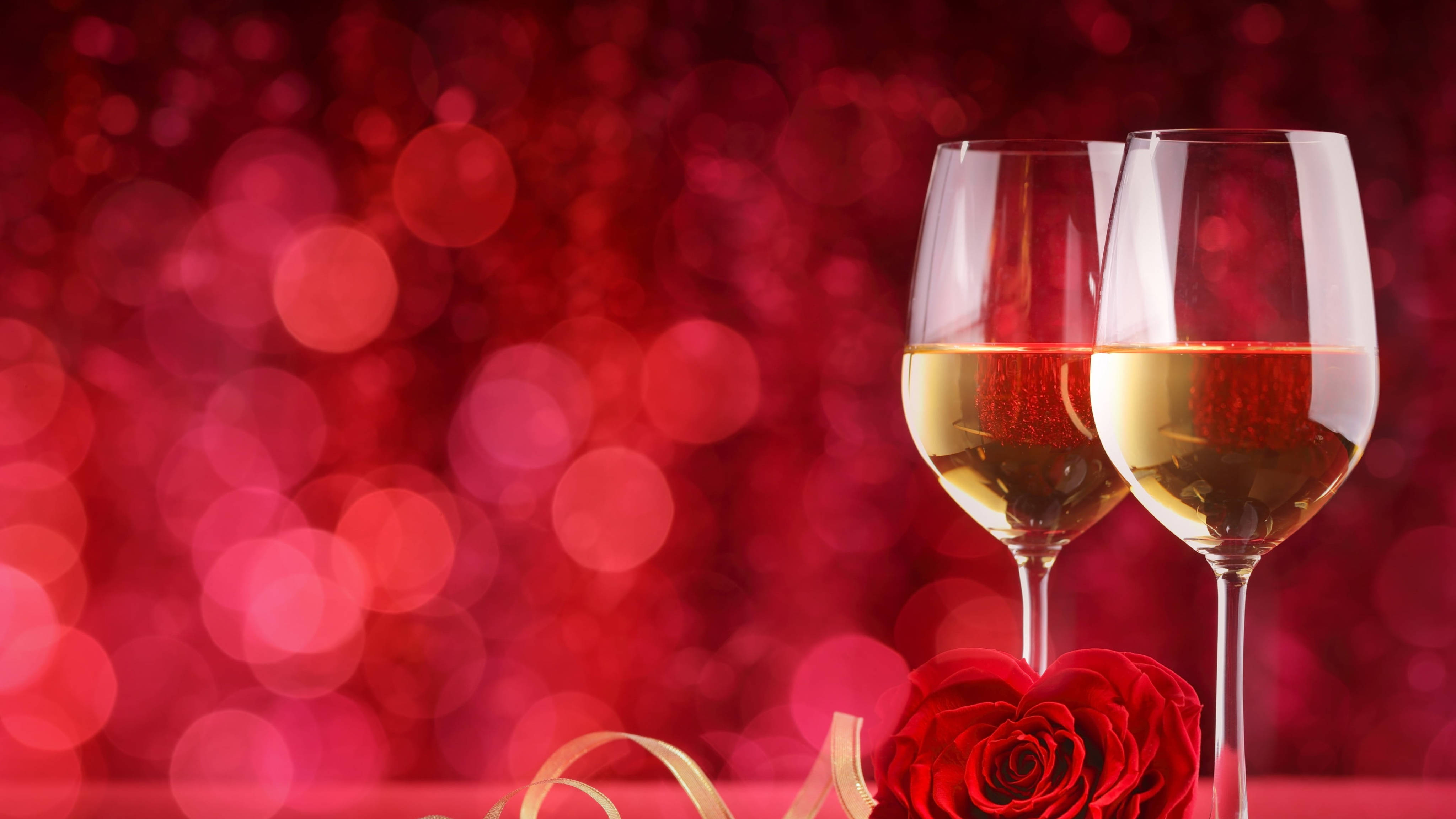 champagne flutes, red rose, sparkling red bokeh background, 4K Desktop Wallpaper