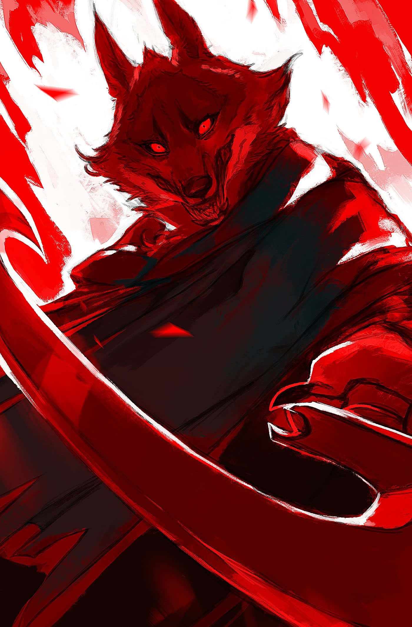 Red Wolf, glowing eyes, curved blade, Full HD Phone Wallpaper