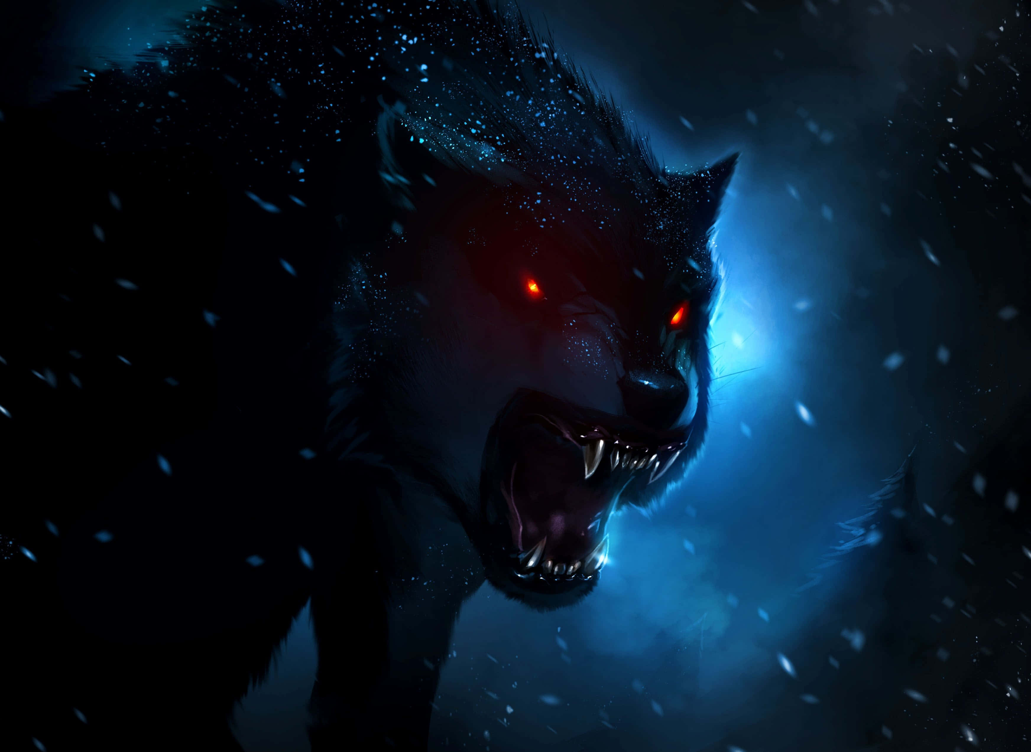 Red Wolf, snowy night, glowing red eyes, 2K Desktop Wallpaper