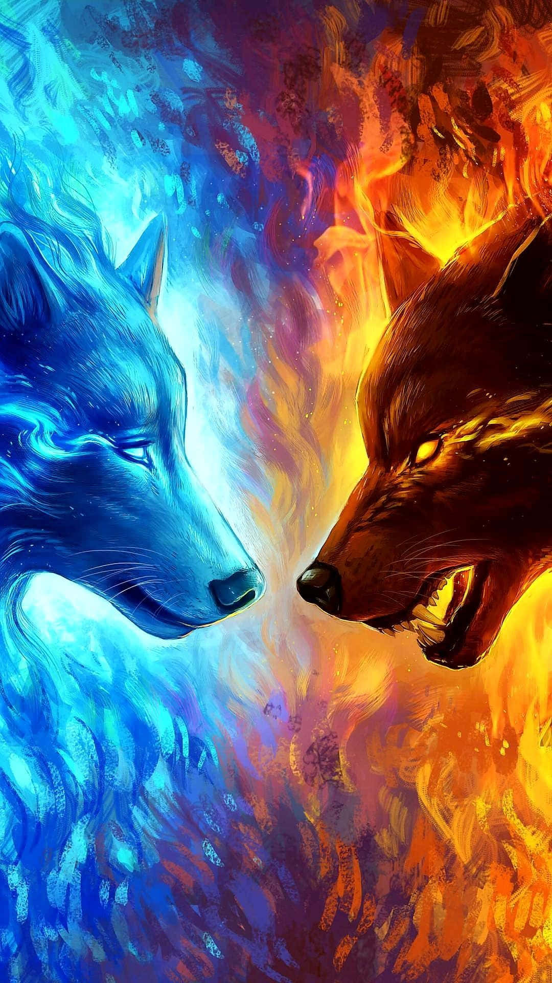 Red Wolf, icy blue, fiery orange, Full HD Phone Wallpaper