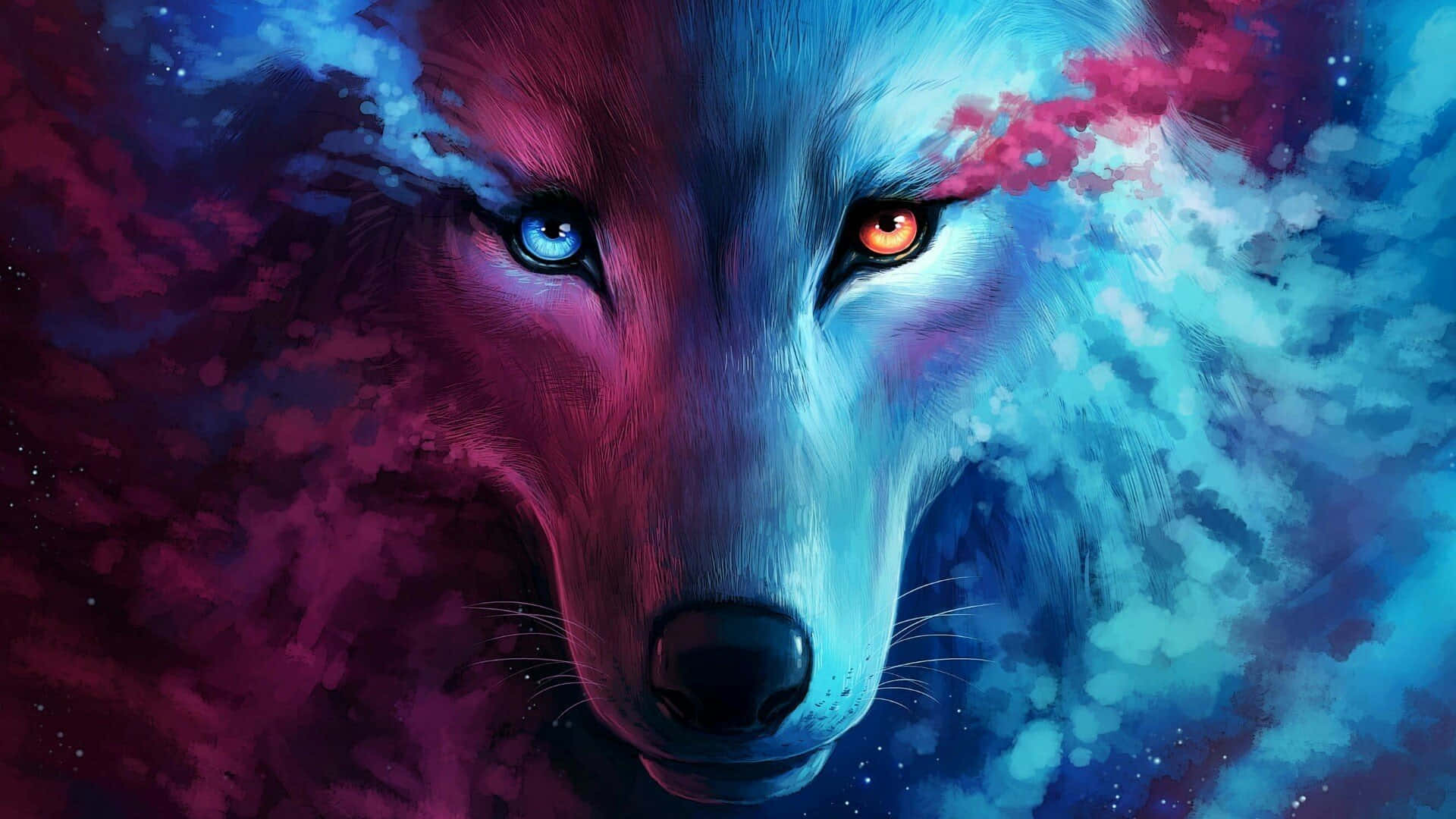 Red Wolf, cosmic nebula, pink and blue, Full HD Desktop Wallpaper