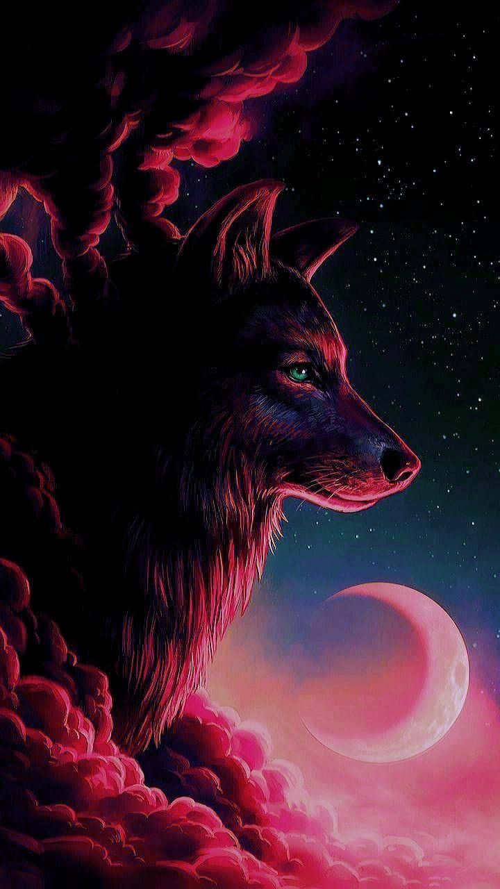 Red Wolf, glowing green eyes, vibrant pink clouds, HD Phone Wallpaper