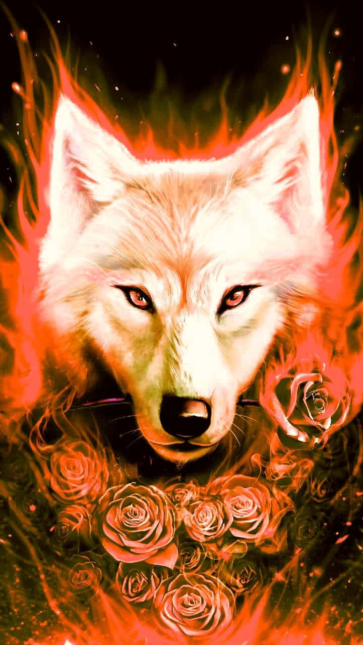 Red Wolf, fiery orange flames, dark roses, HD Phone Wallpaper