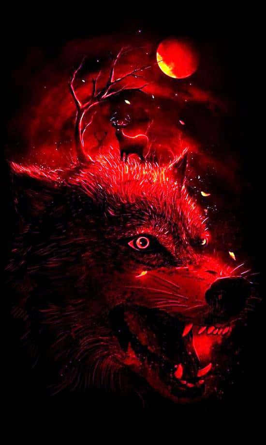 Red Wolf, glowing red moon, spectral deer, SD Phone Wallpaper