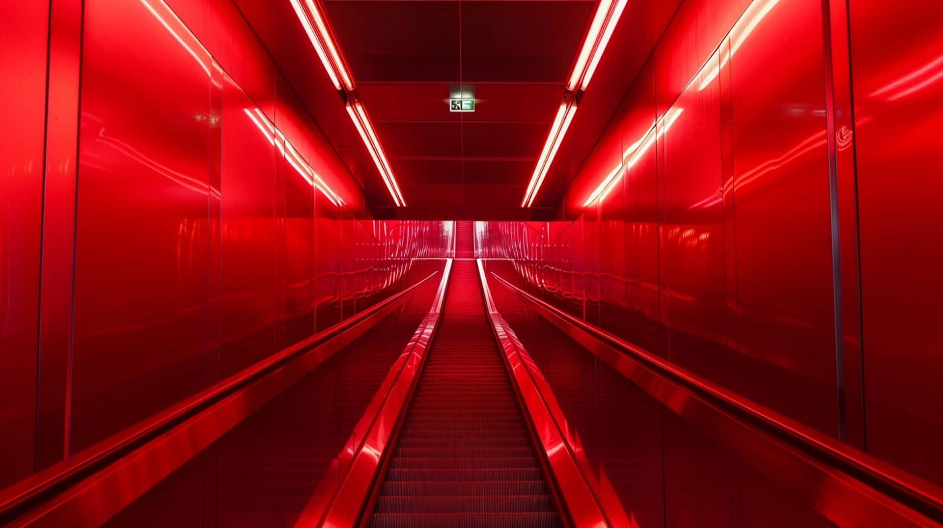 Red Futuristic Escalator Corridor, glossy red tunnel, fluorescent lights, Full HD Desktop Wallpaper