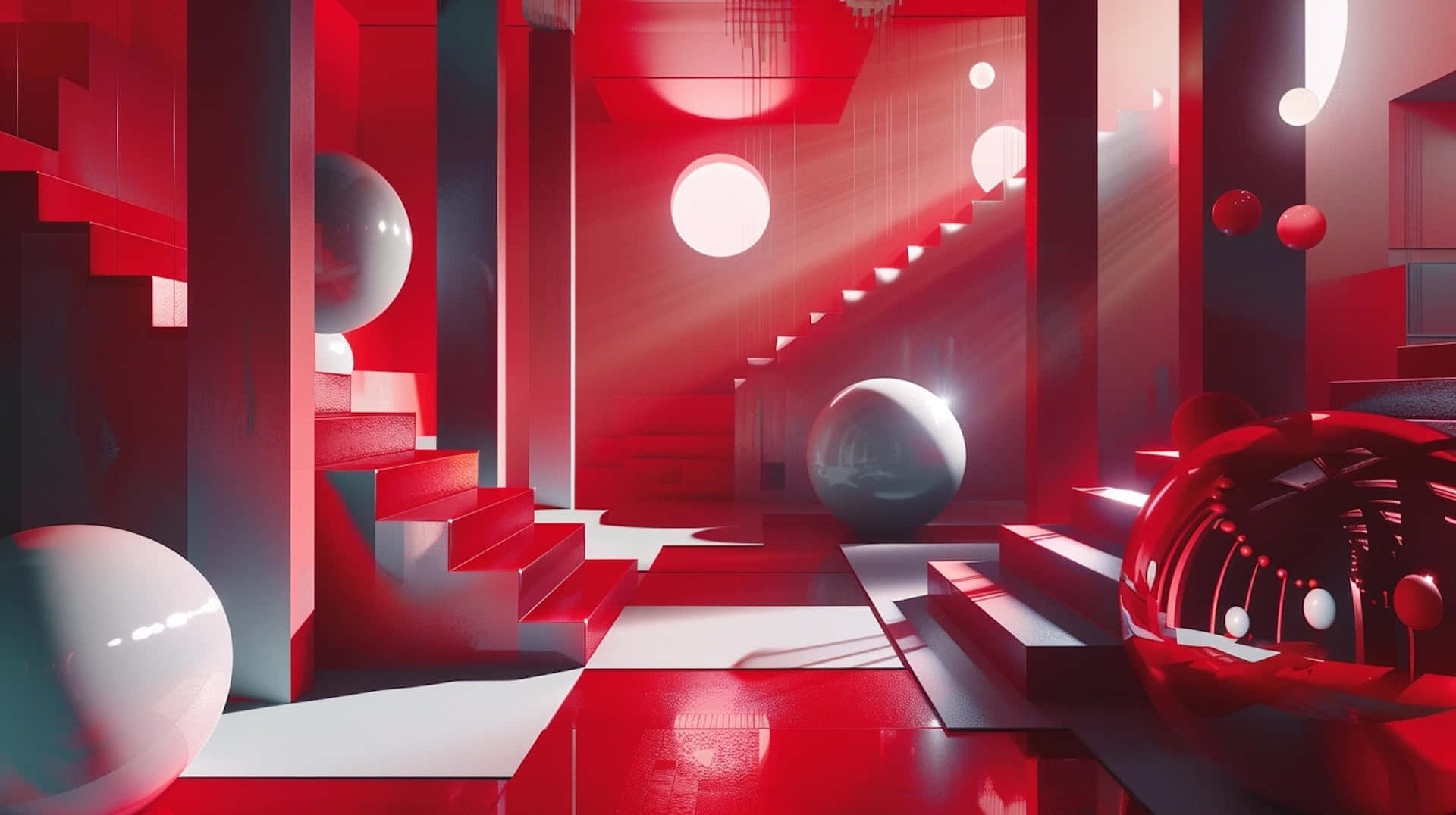 Red Y2k, futuristic, red and white geometric hallway, Full HD Desktop Wallpaper