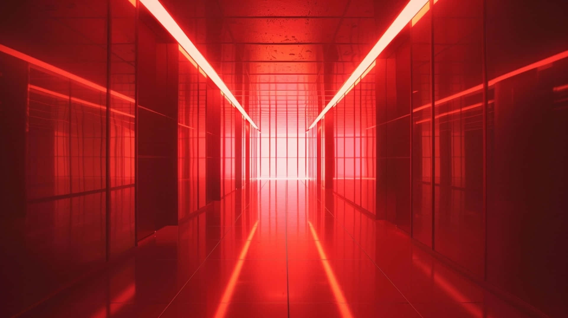 Red Y2k, neon-lit corridor, reflective walls, Full HD Desktop Wallpaper
