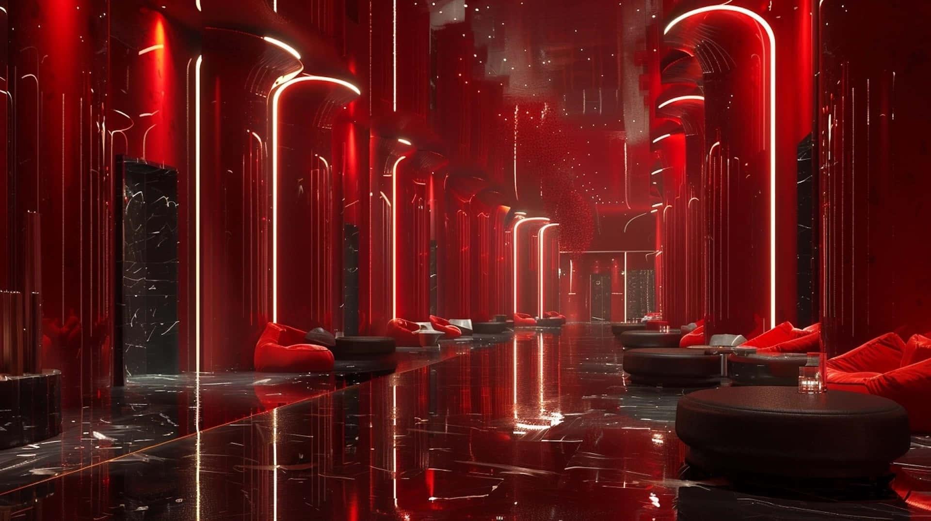 Red Futuristic Lounge Interior Y2 K Style, neon-lit corridor, glossy black floors, Full HD Desktop Wallpaper