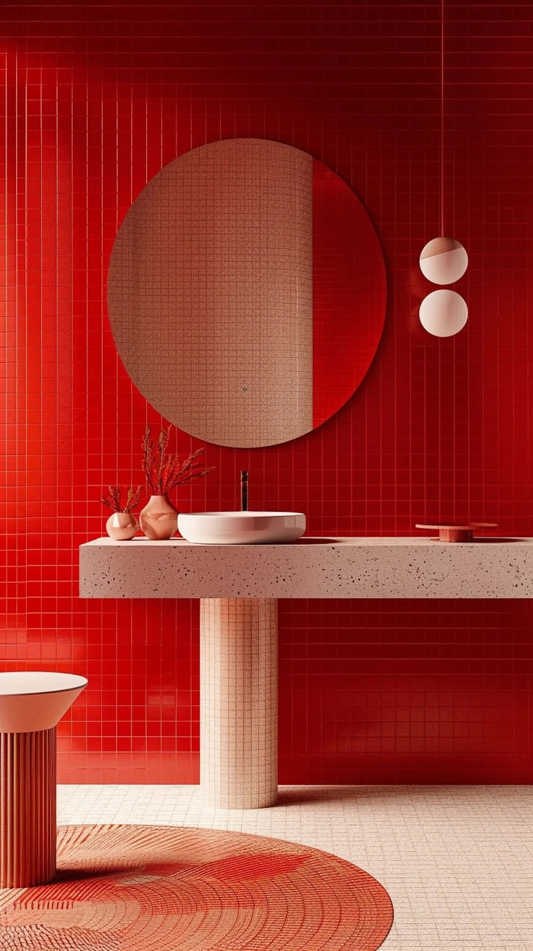 Red Y2k, bold red tiled walls, beige sink, Full HD Phone Wallpaper