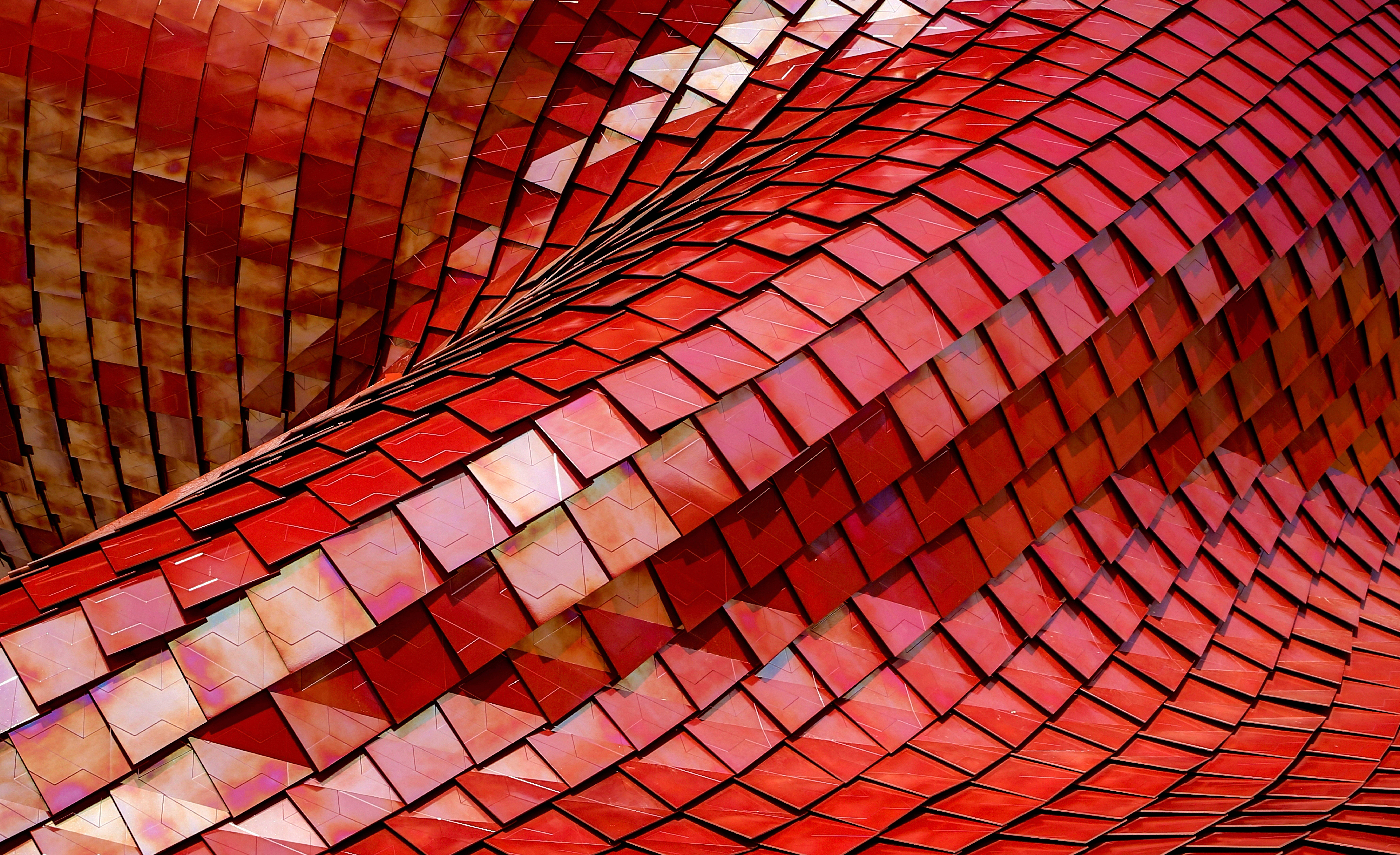 red shiny tiles, modern building, curved red tiled facade, 8K Desktop Wallpaper