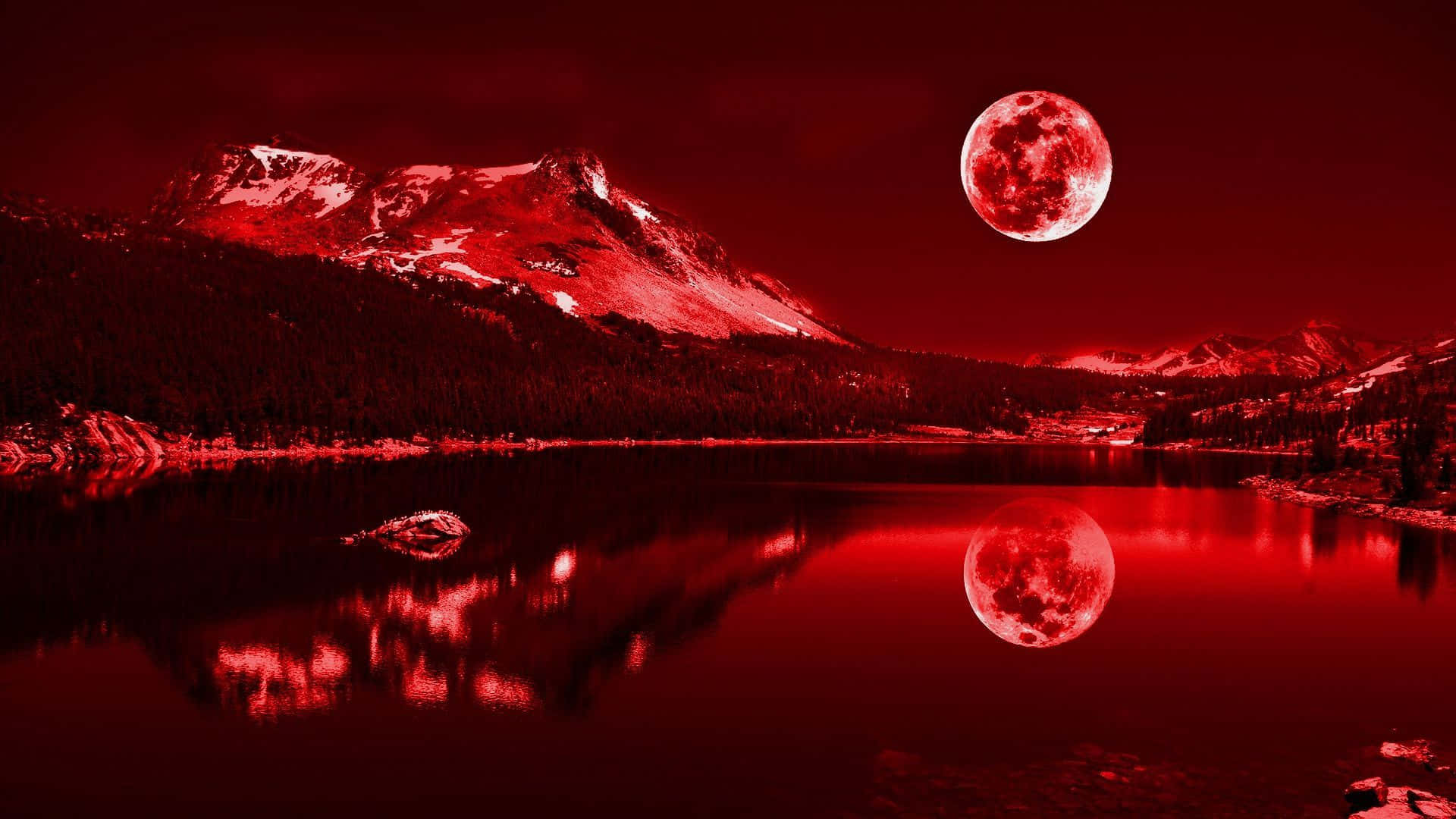 blood red moon, snow capped mountains, calm lake, Full HD Desktop Wallpaper