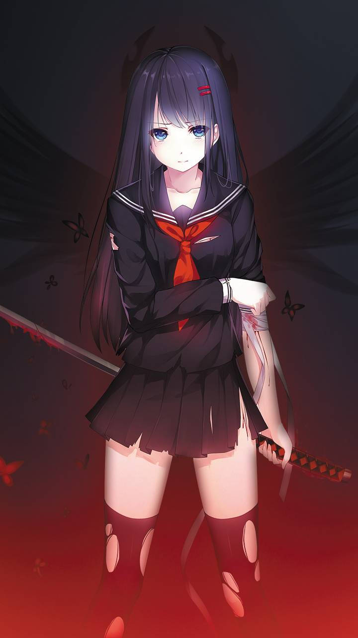 anime girl, bloodstained sailor uniform, katana, HD Phone Wallpaper