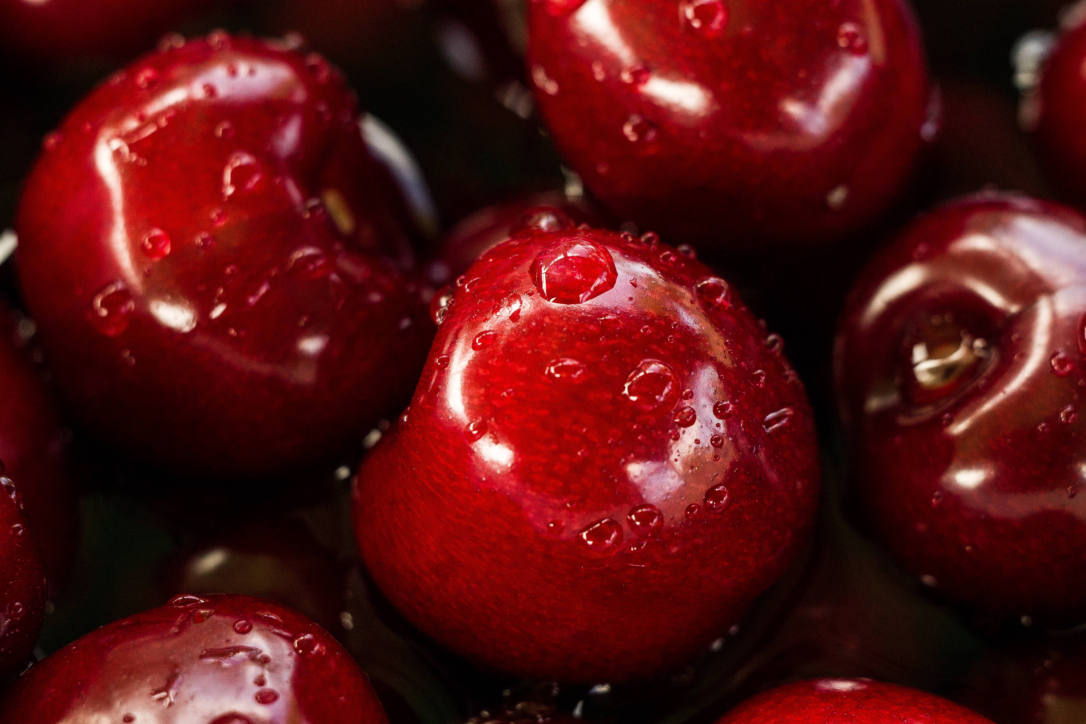 red cherries, glistening, dewdrops, 4K Desktop Wallpaper