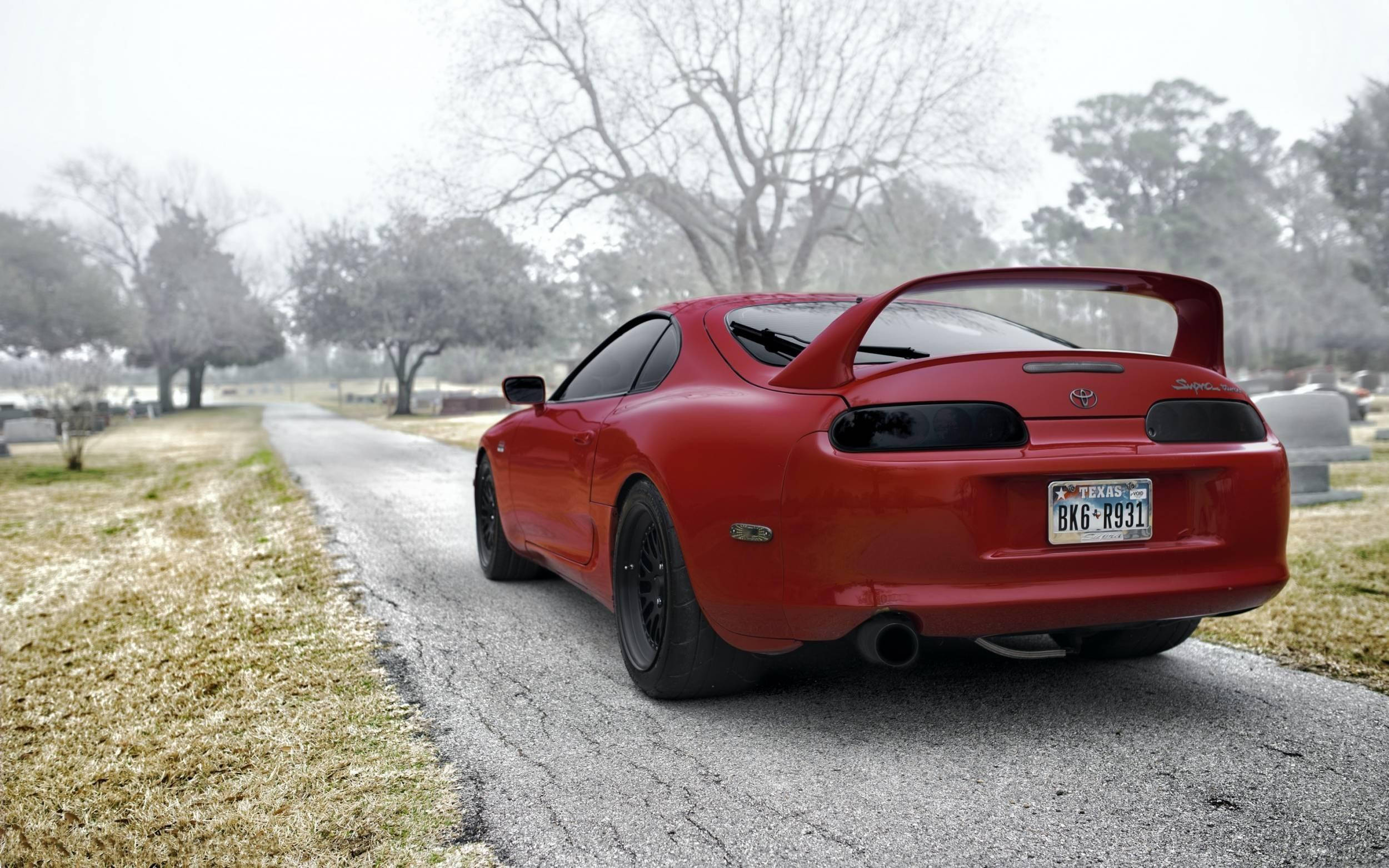 1994 Toyota Supra Mk4, vibrant red, misty cemetery road, Full HD Desktop Wallpaper