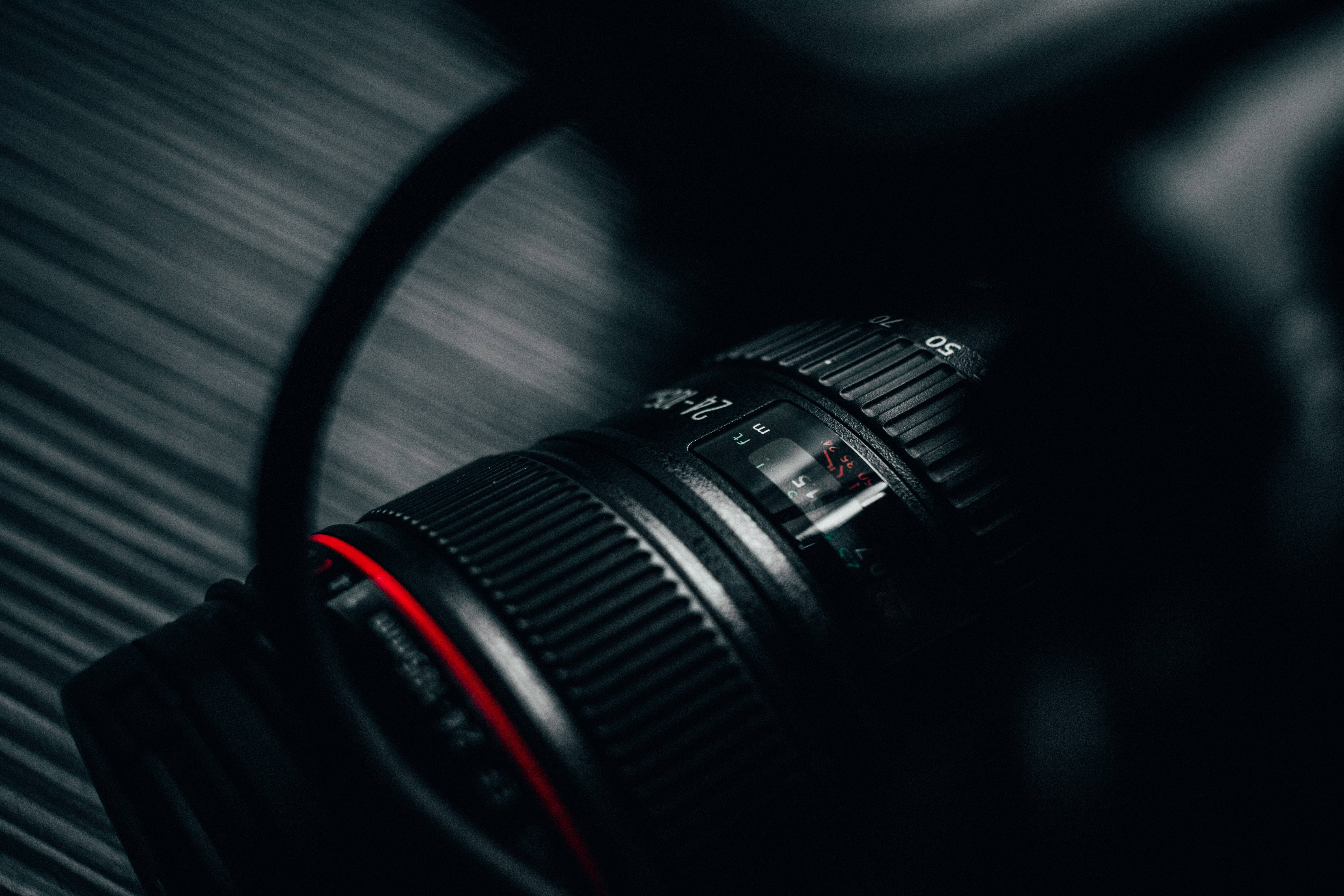 DSLR Camera Lens, black camera lens, red ring, 5K Desktop Wallpaper