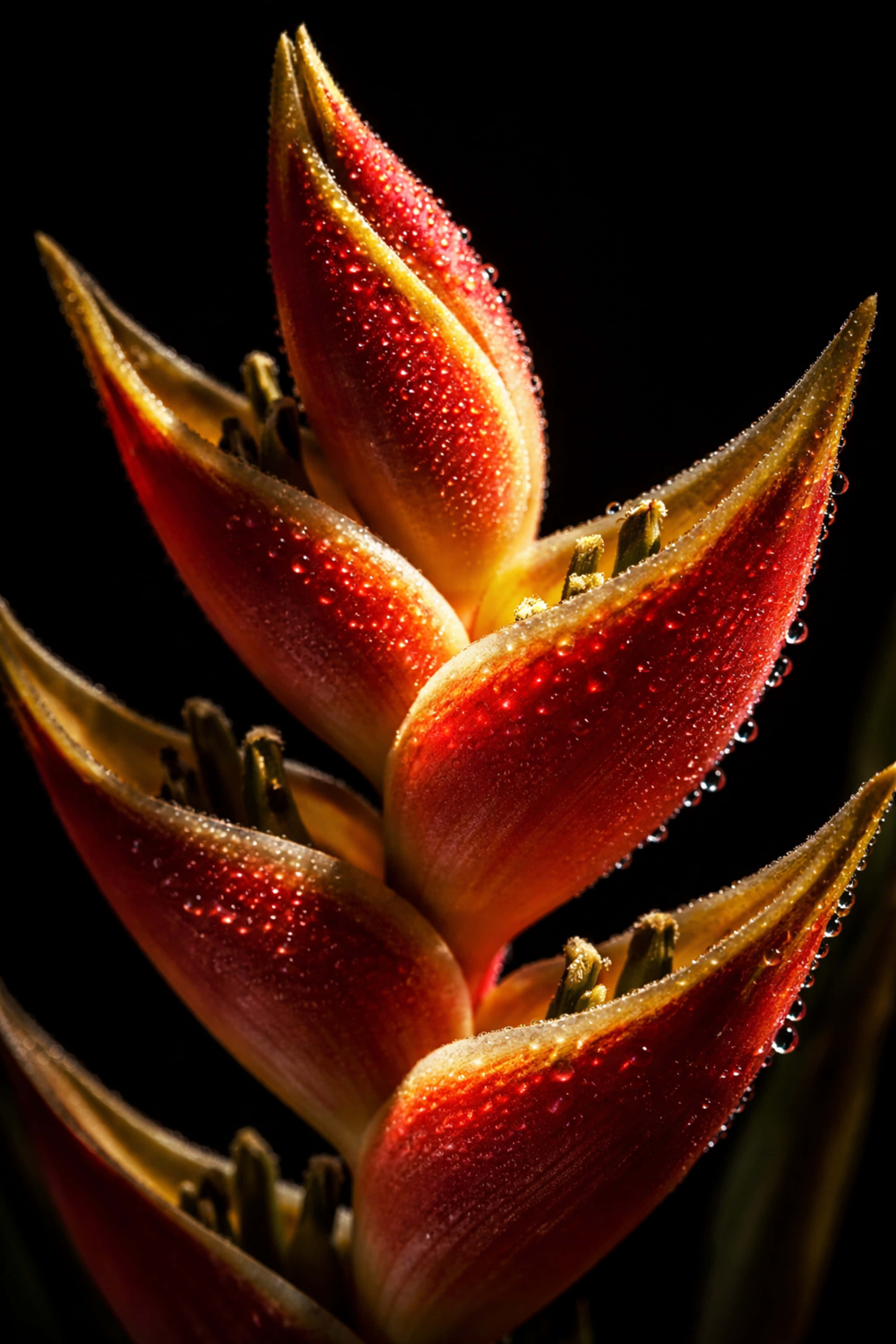 vibrant heliconia, dew drops, stark black background, 4K Phone Wallpaper