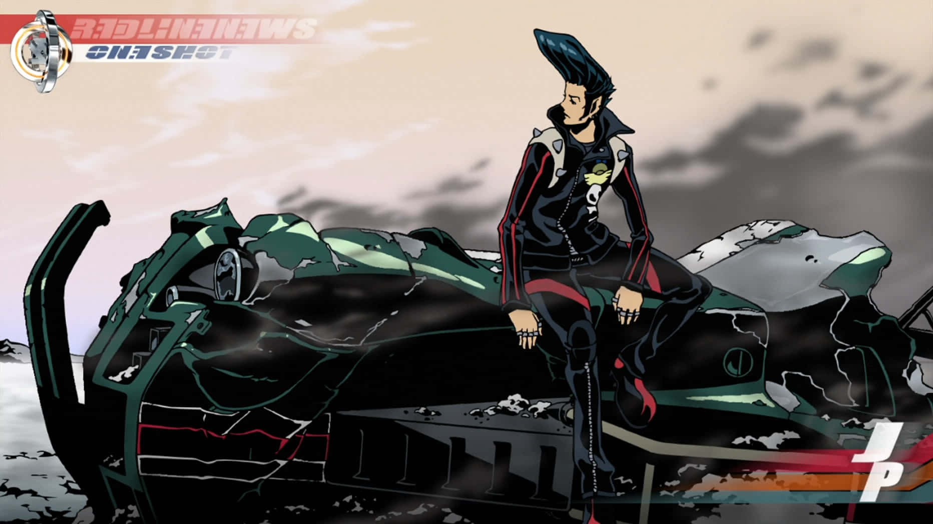 Redline, spiky blue hair, wrecked green sports car, HD Desktop Wallpaper