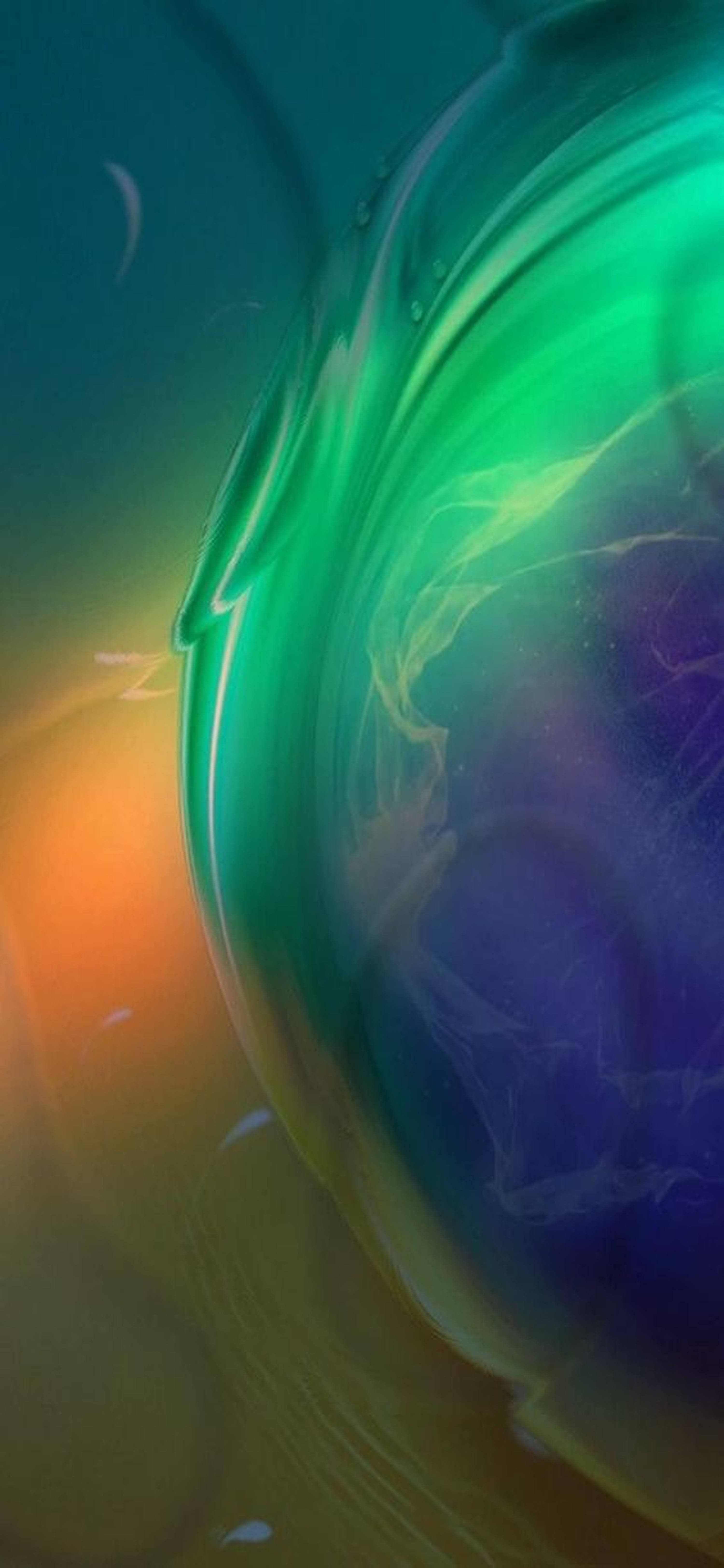 Redmi Note 9 Pro, liquid art, vibrant green blue and orange hues, 5K Phone Wallpaper