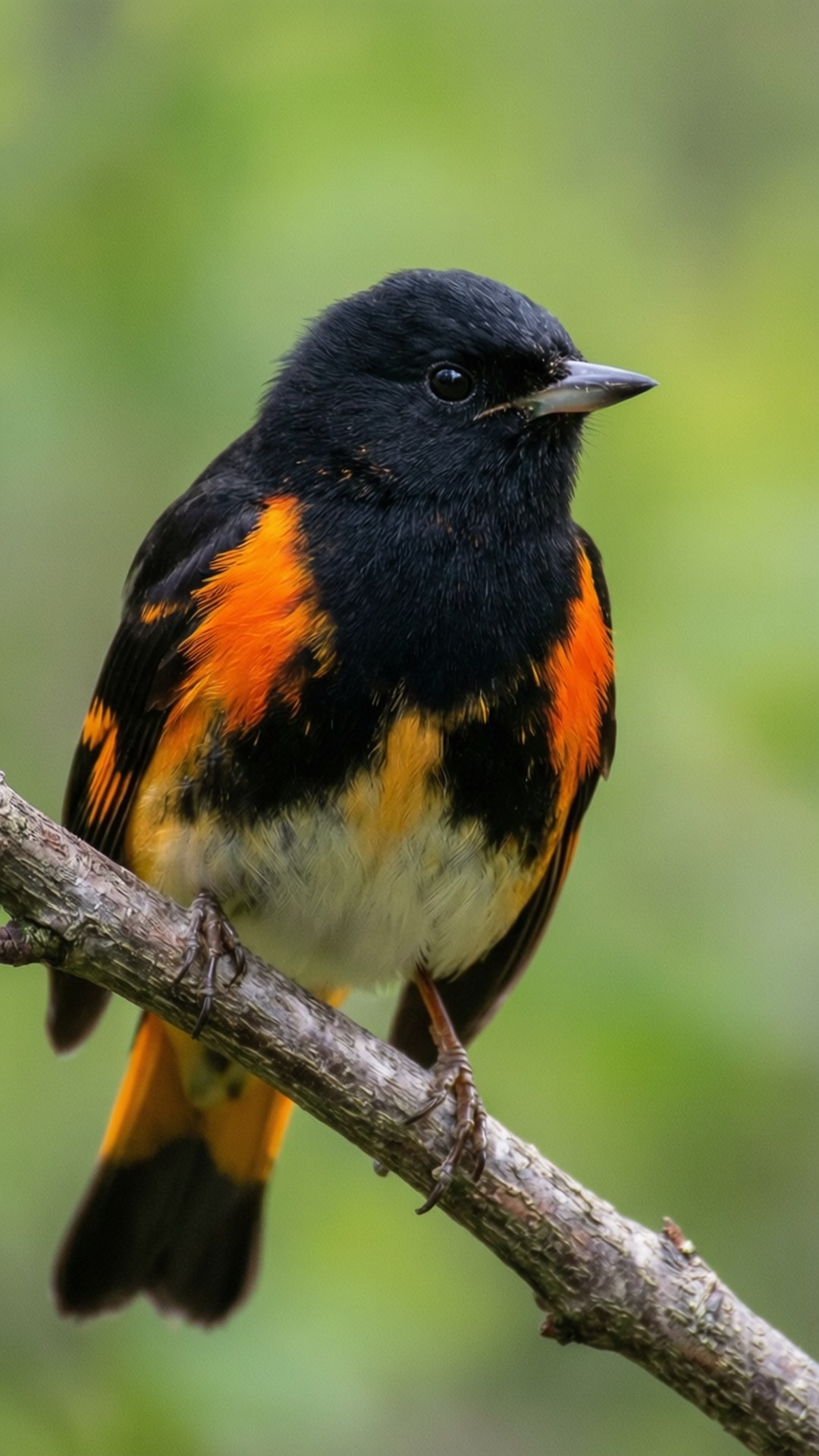 male American redstart, orange wing patches, textured branch, Full HD Phone Wallpaper