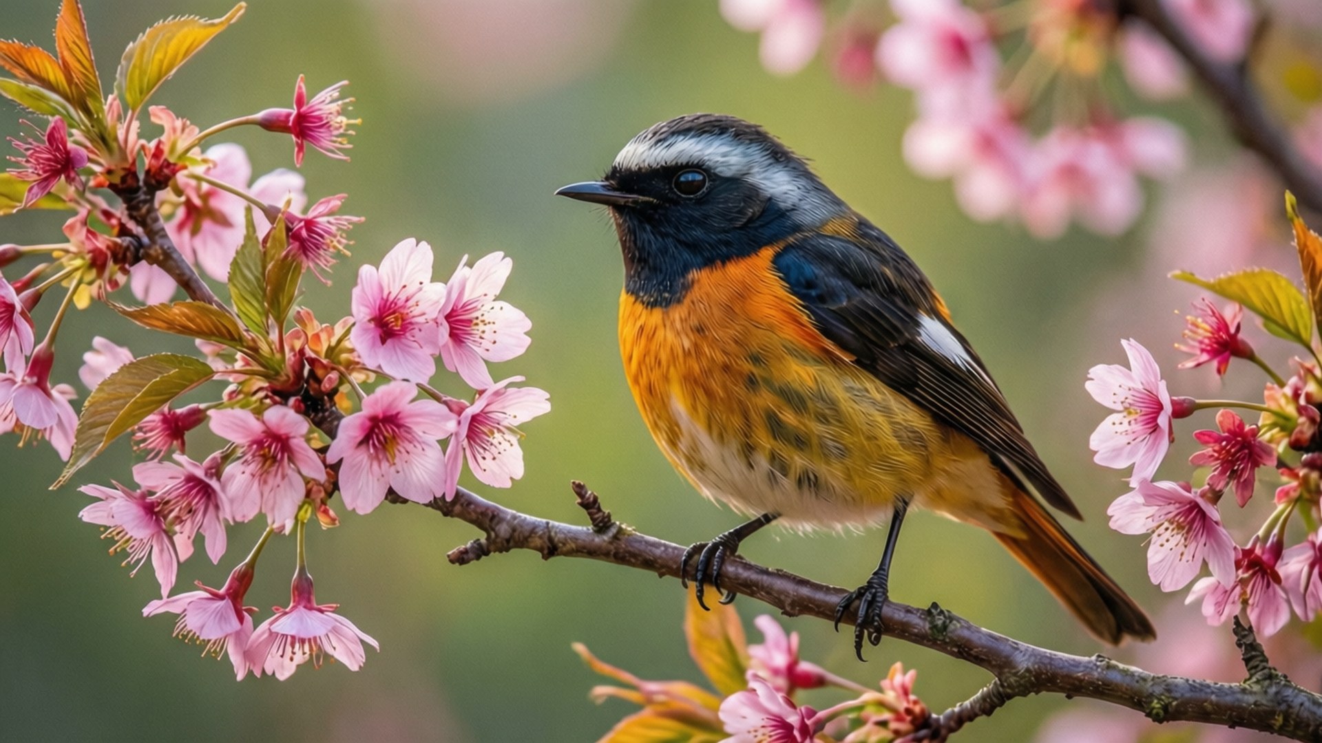 Redstart, cherry blossom, spring, Full HD Desktop Wallpaper