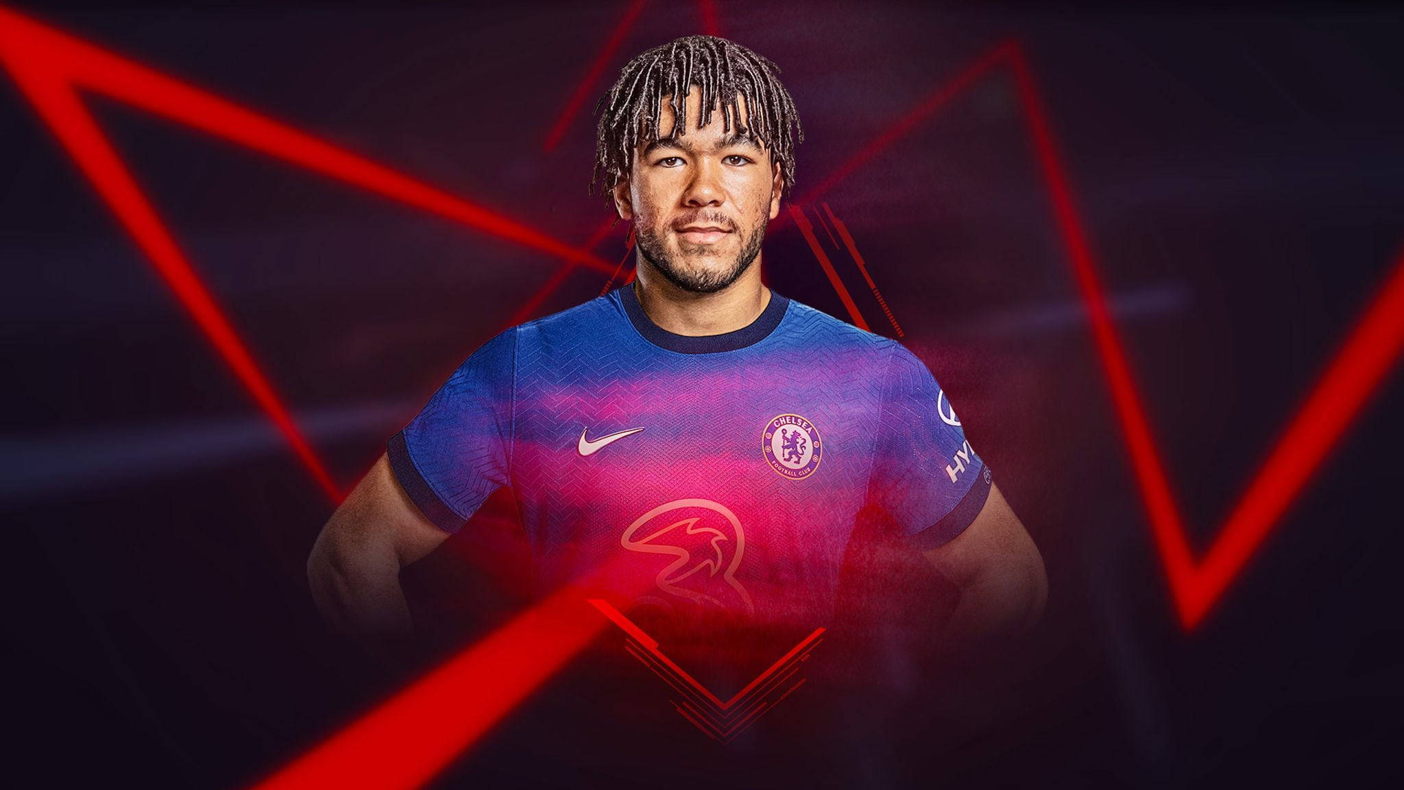 Reece James, red zigzag lines, blue Chelsea jersey, Full HD Desktop Wallpaper