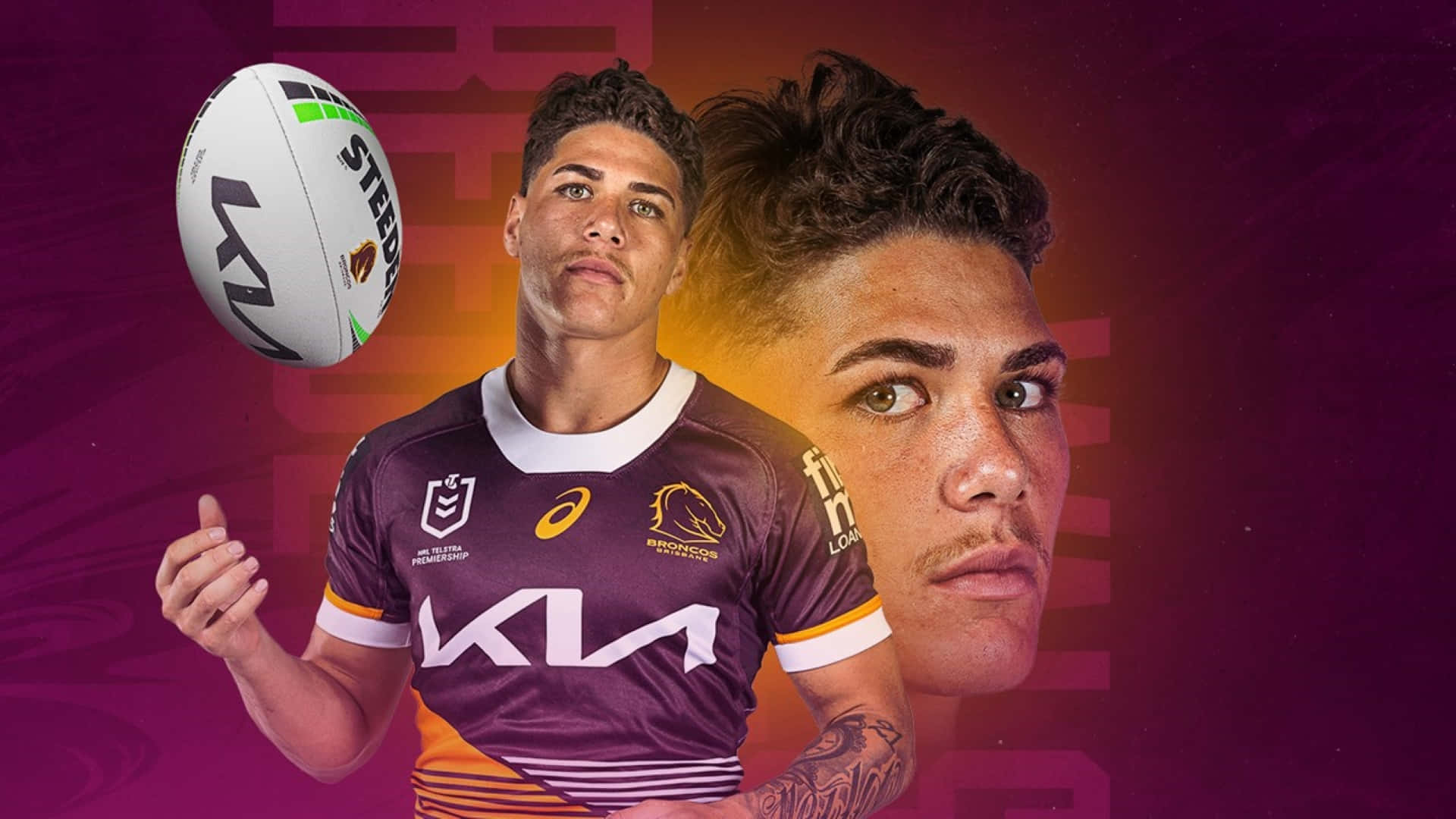 Reece Walsh, maroon jersey, vibrant purple and orange gradient background, Full HD Desktop Wallpaper