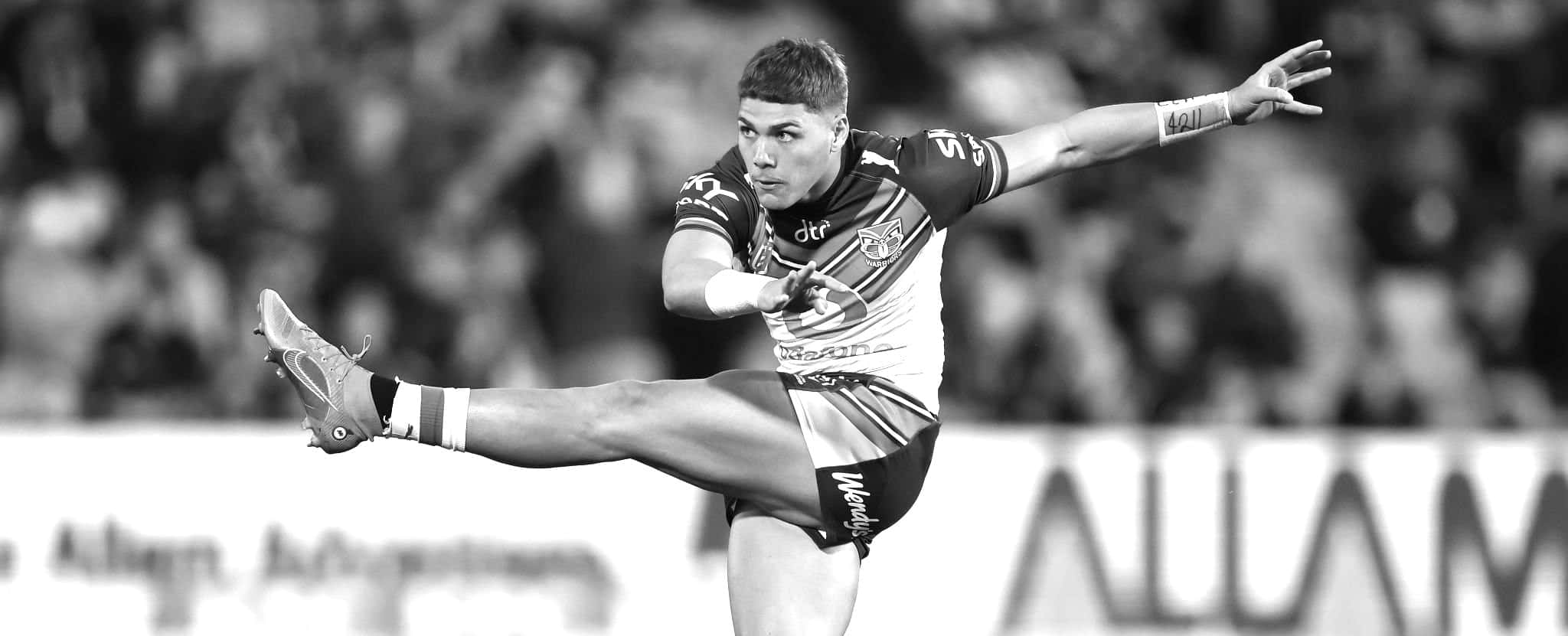 Reece Walsh, rugby league player, black and white, Full HD Desktop Wallpaper