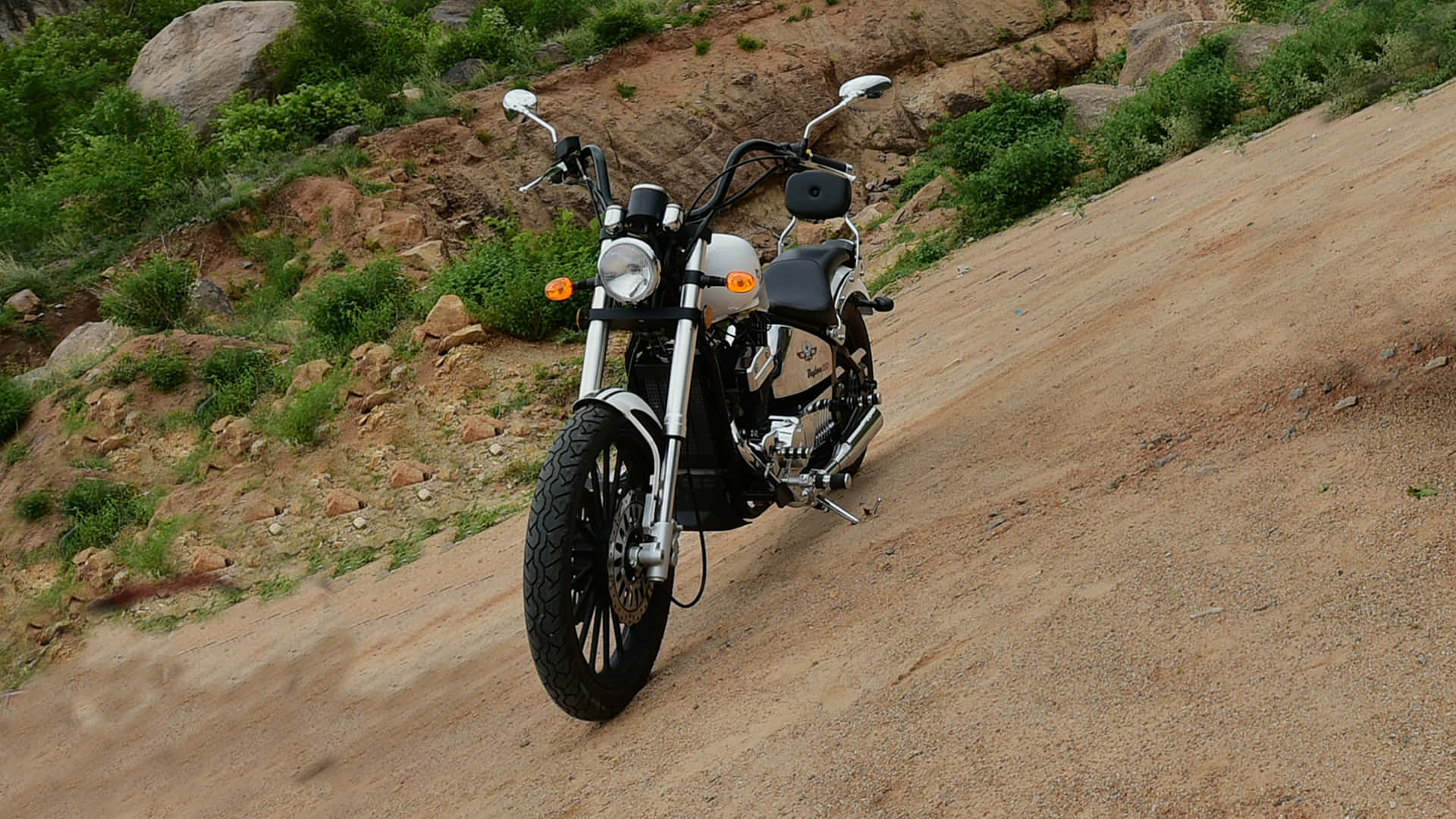 Regal Raptor, black and chrome cruiser motorcycle, dusty dirt road, Full HD Desktop Wallpaper