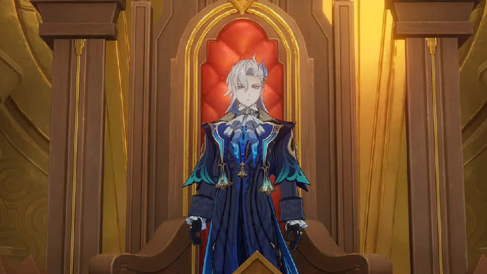 Regal Anime Character, golden throne, red cushion, SD Desktop Wallpaper