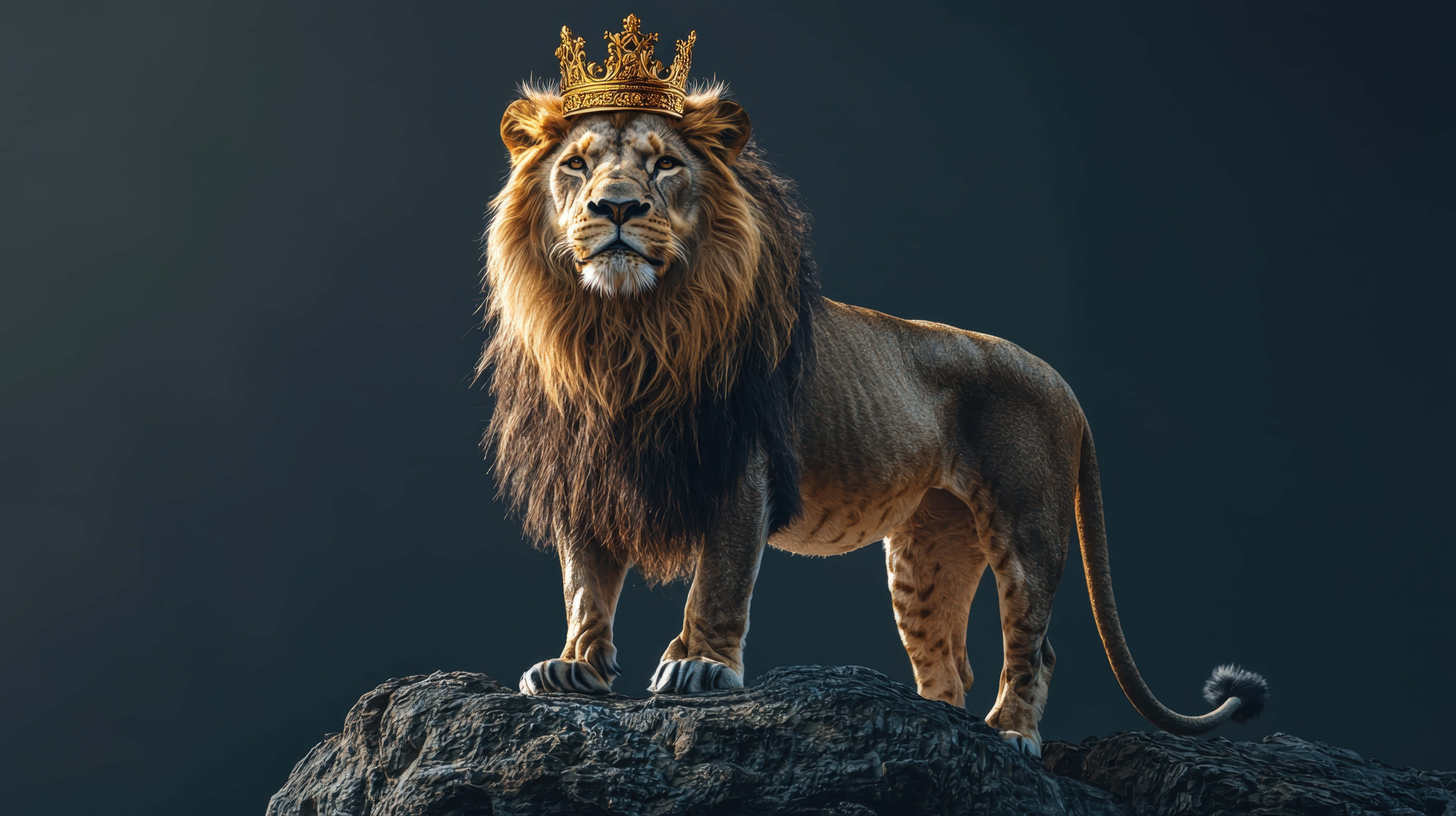 lion, golden crown, rock, 8K Desktop Wallpaper