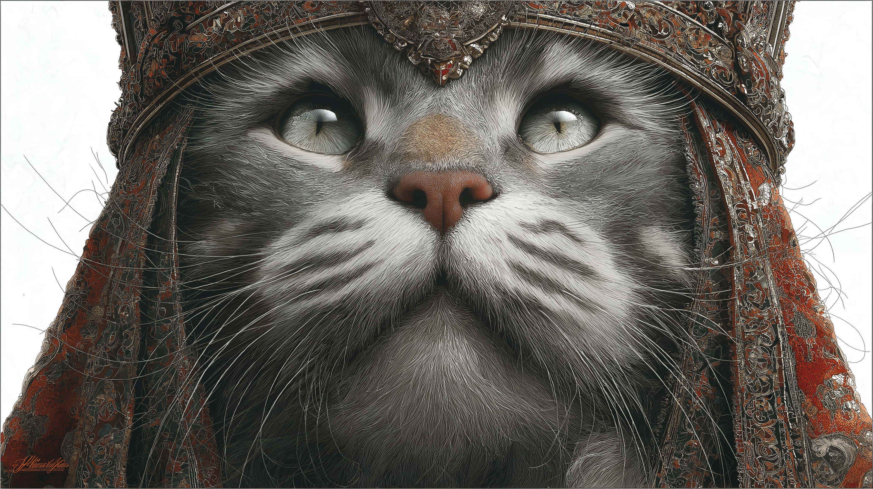 royal feline gaze, gray cat, red and gold crown, 2K Desktop Wallpaper