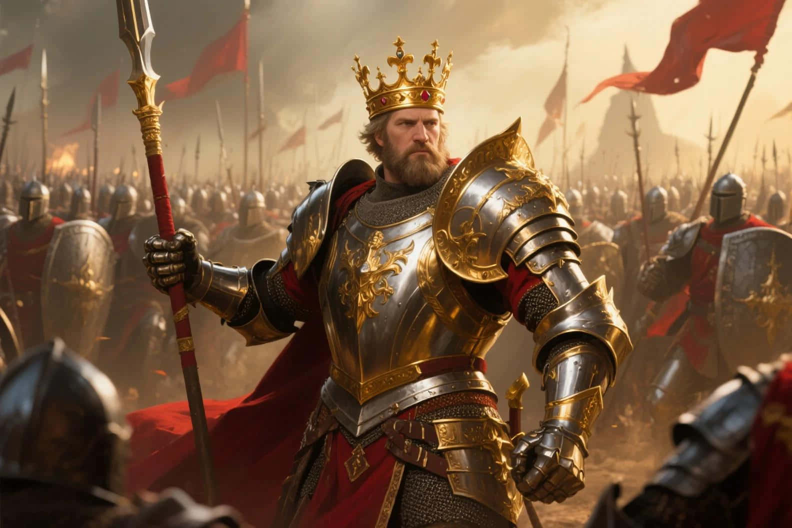 majestic king, gilded armor, medieval warfare scene, HD Desktop Wallpaper