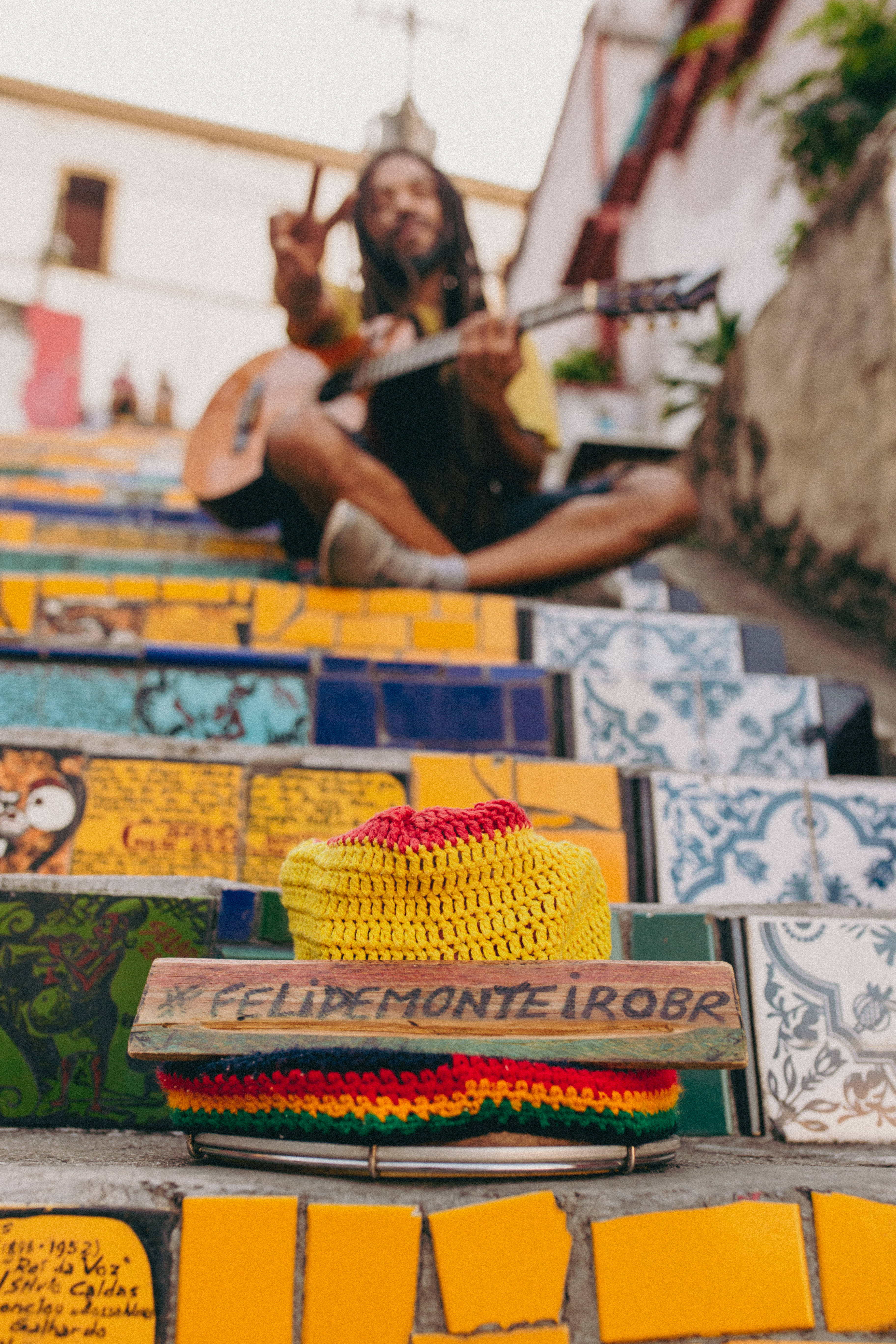 crochet hat, colorful tiled steps, guitar, 5K Phone Wallpaper