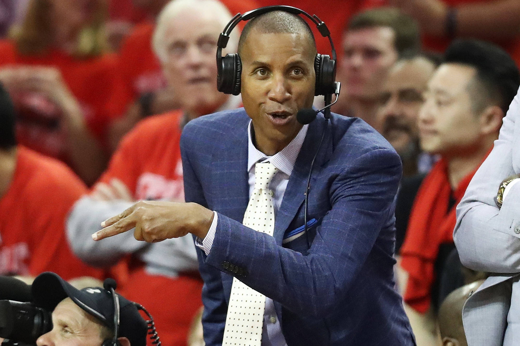 Reggie Miller, blue suit, headset, Full HD Desktop Wallpaper