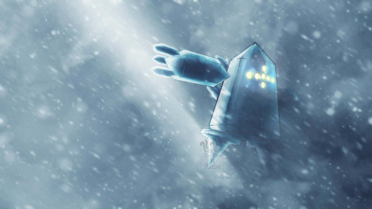 Regice, glowing blue crystalline robot, wing-like appendages, SD Desktop Wallpaper