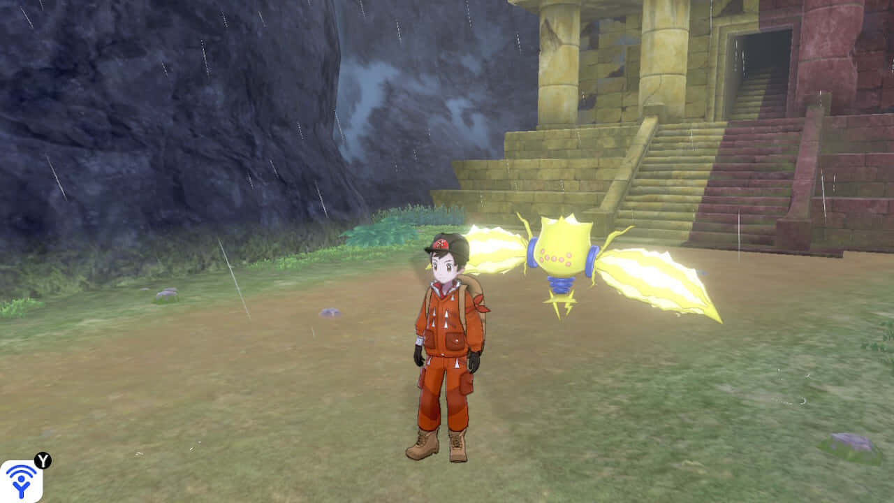 Regieleki, trainer in orange gear, glowing yellow Pokémon, HD Desktop Wallpaper