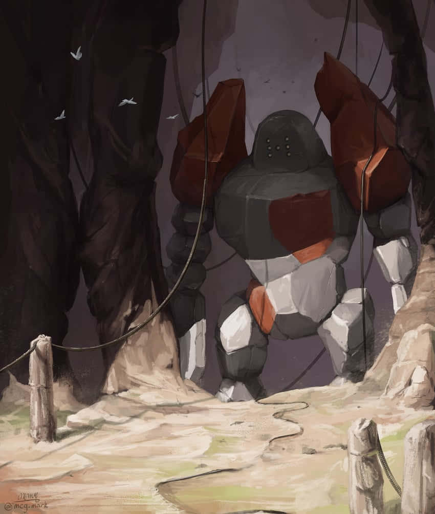 Regirock, red and gray plating, dark cave entrance, SD Phone Wallpaper