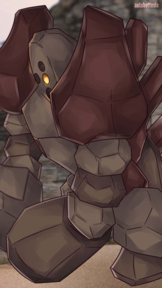 Regirock, glowing orange eyes, rugged outdoor setting, SD Phone Wallpaper