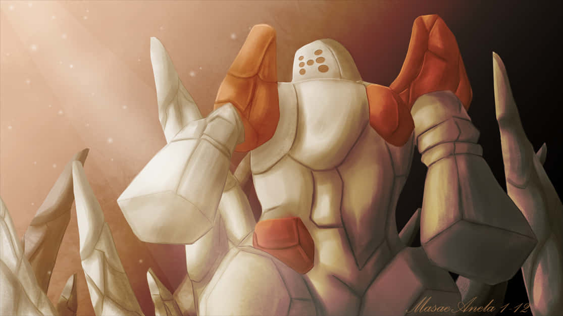 Regirock, white and orange armored robot, jagged crystalline structures, SD Desktop Wallpaper