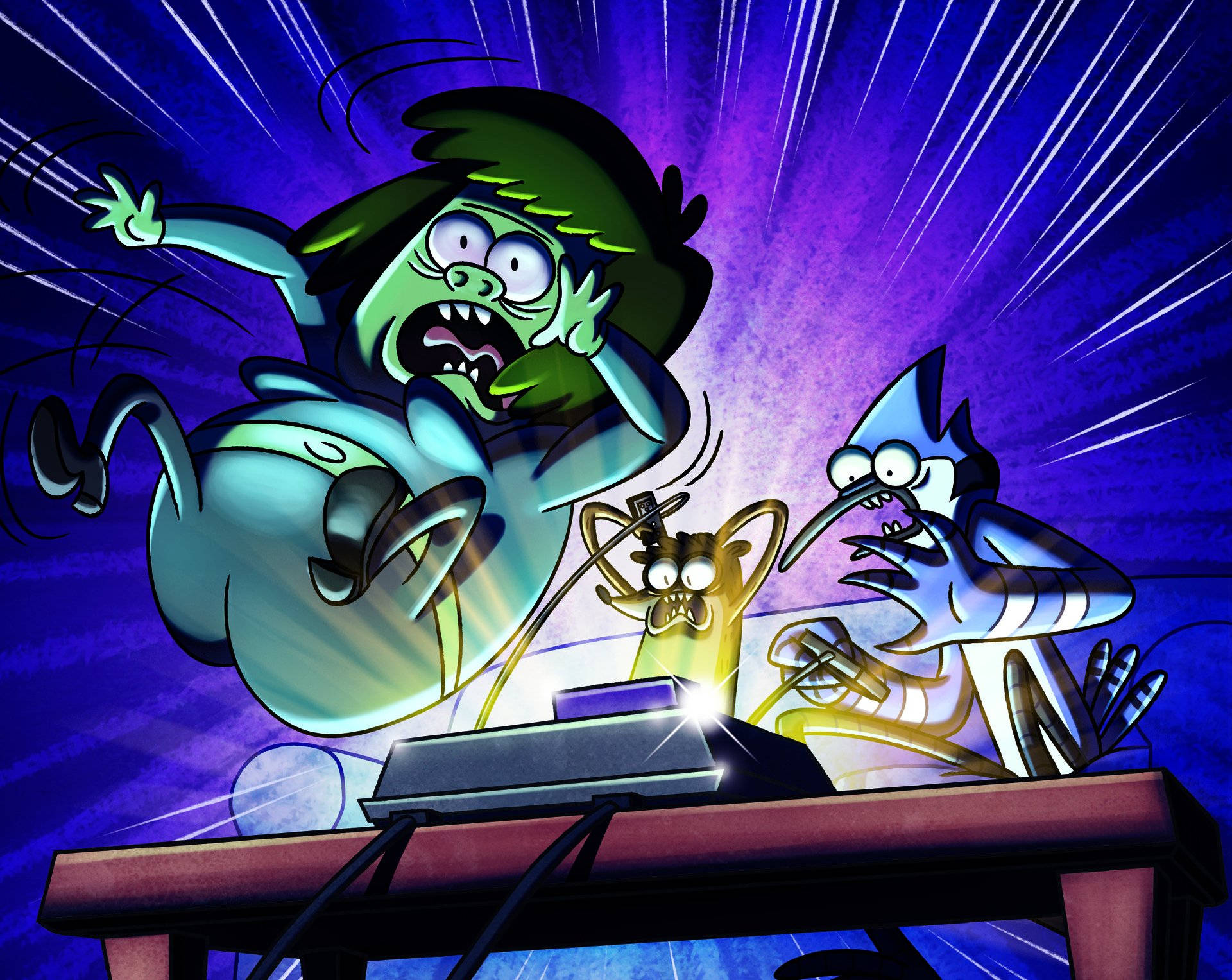 Regular Show, glowing machine, purple streaked background, Full HD Desktop Wallpaper