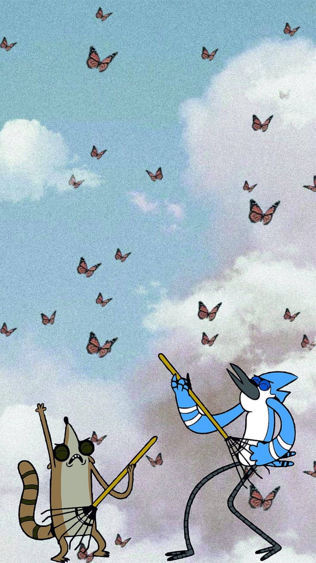 Regular Show, orange butterflies, cloudy sky, Full HD Phone Wallpaper