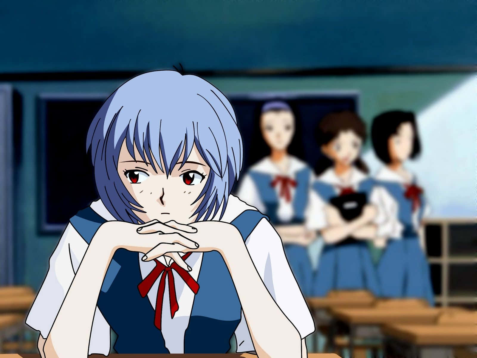 Rei Ayanami, blue-haired, school uniform, HD Desktop Wallpaper